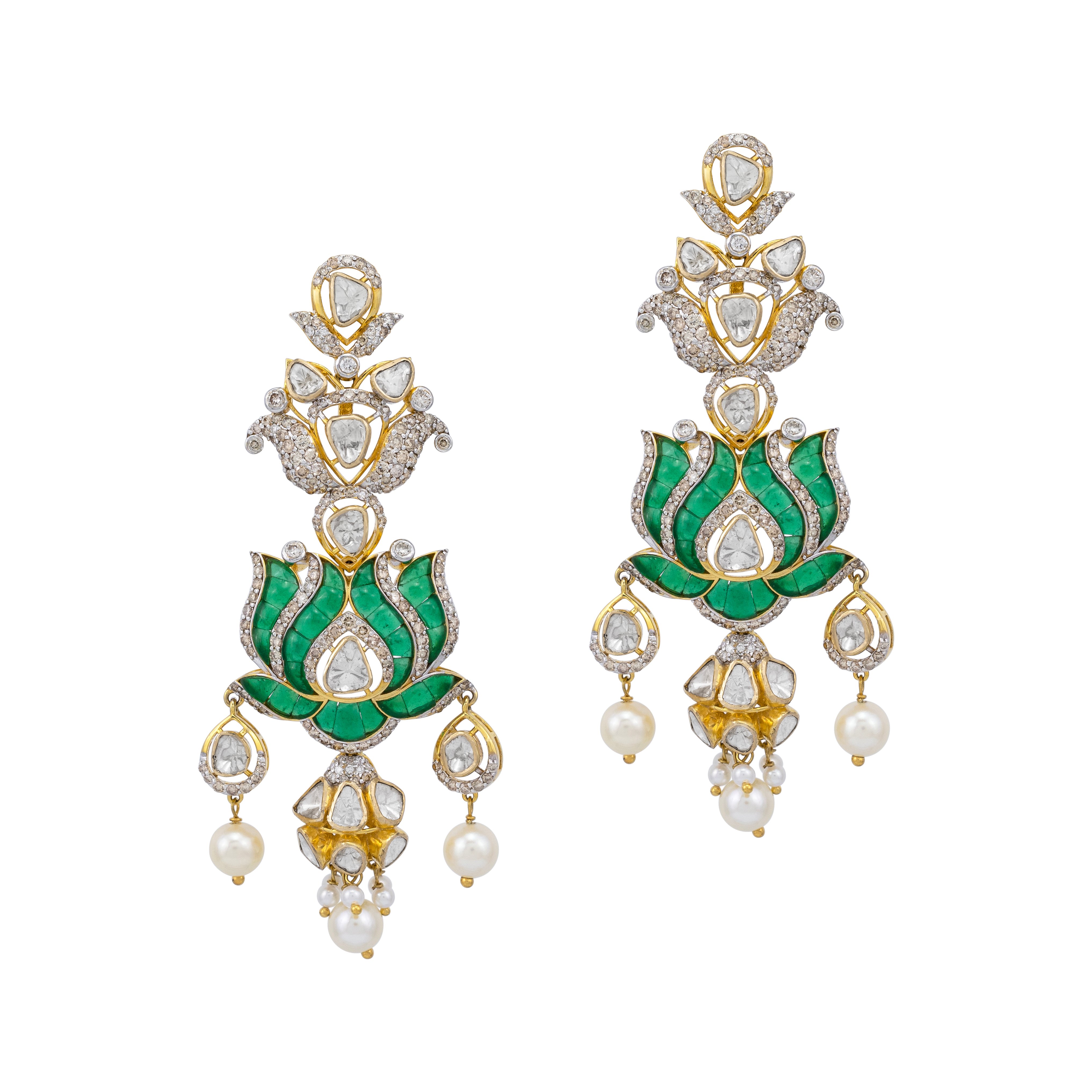 Polki Lotus Danglers with Japanese Pearl Drops