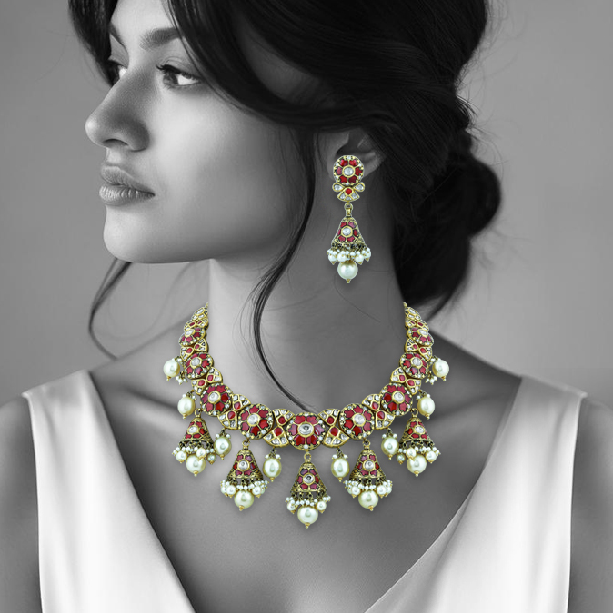 Red Talaf and Pearl Necklace Set with Partash work