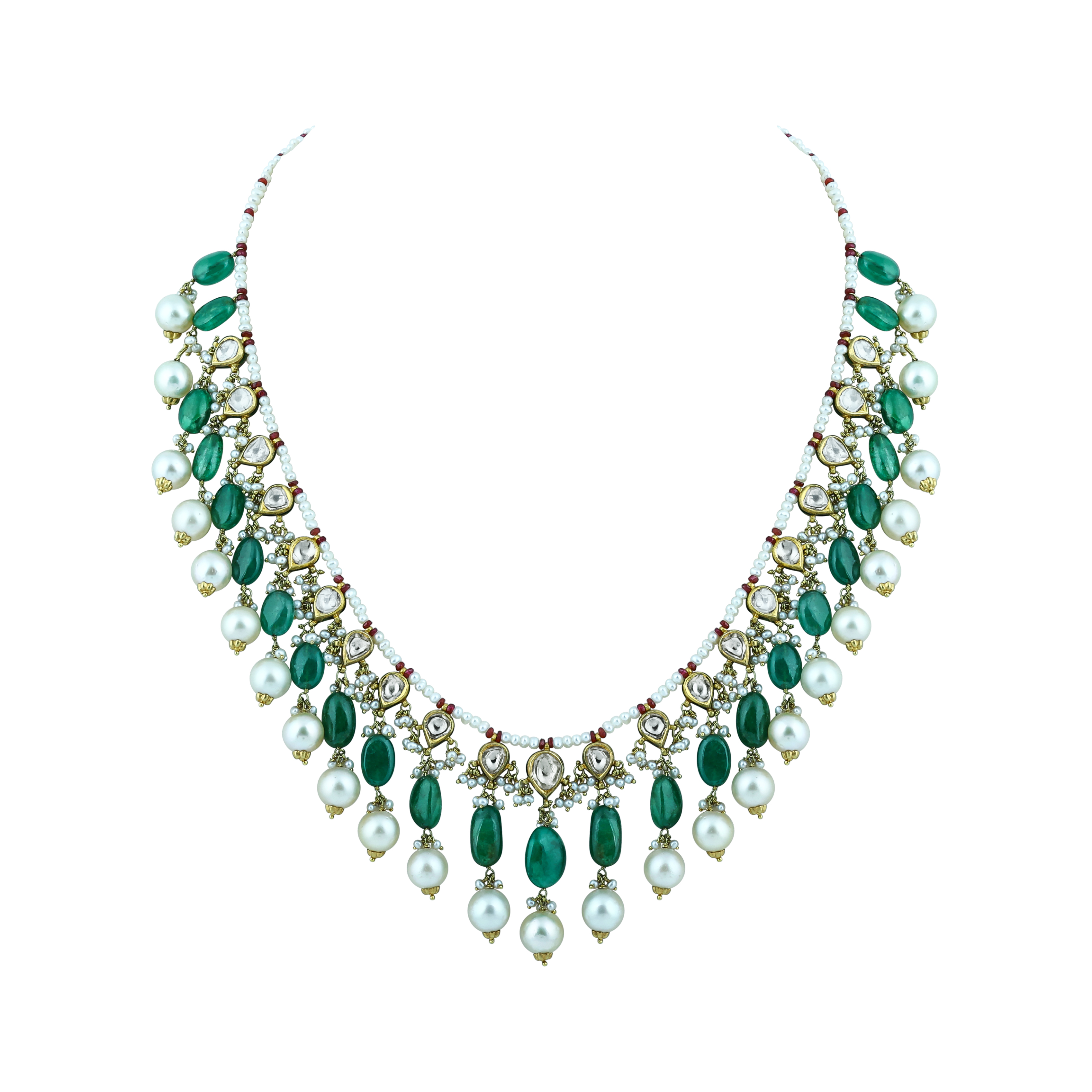 Diamond Polki Necklace with Emerald and Pearls