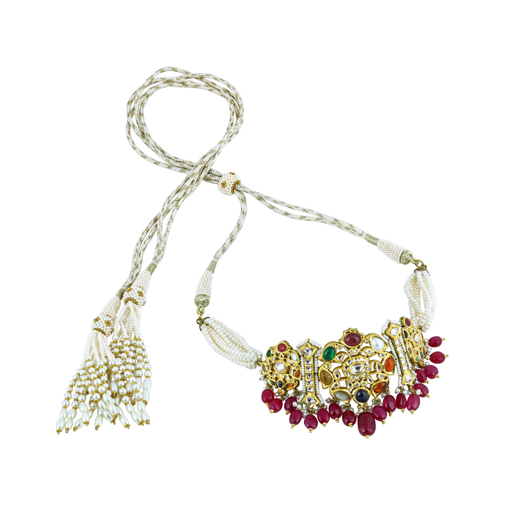 Polki Navaratna Choker Set with Ruby Drops and Detachable Kalangi