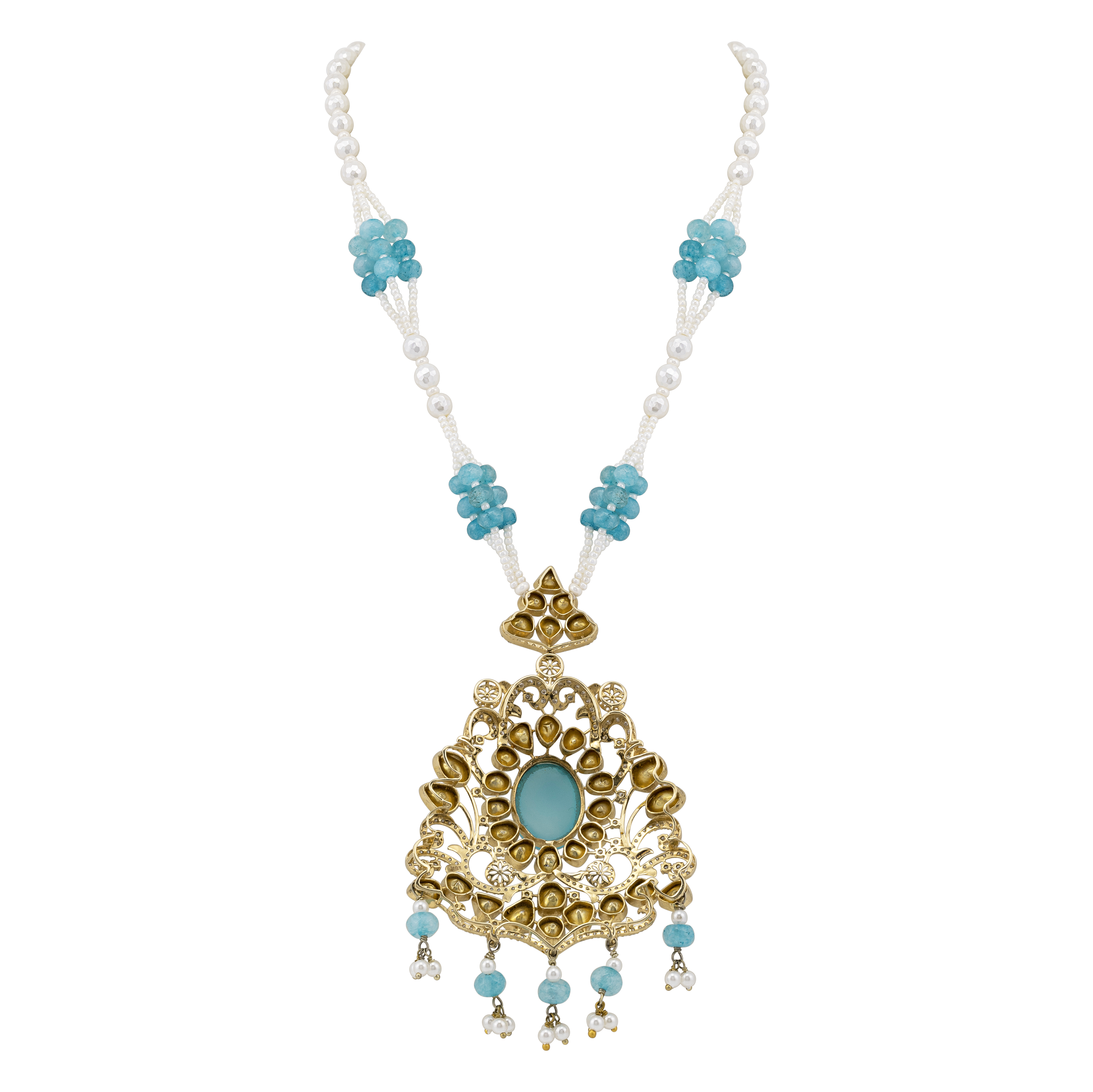 Aqua Pendant Necklace with Pearl and Polki Details