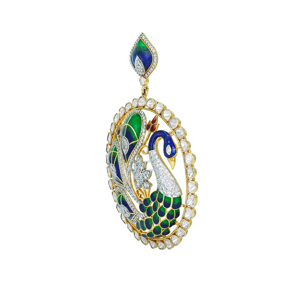 Peacock Pendant with Polki and Vibrant Enamel Artistry