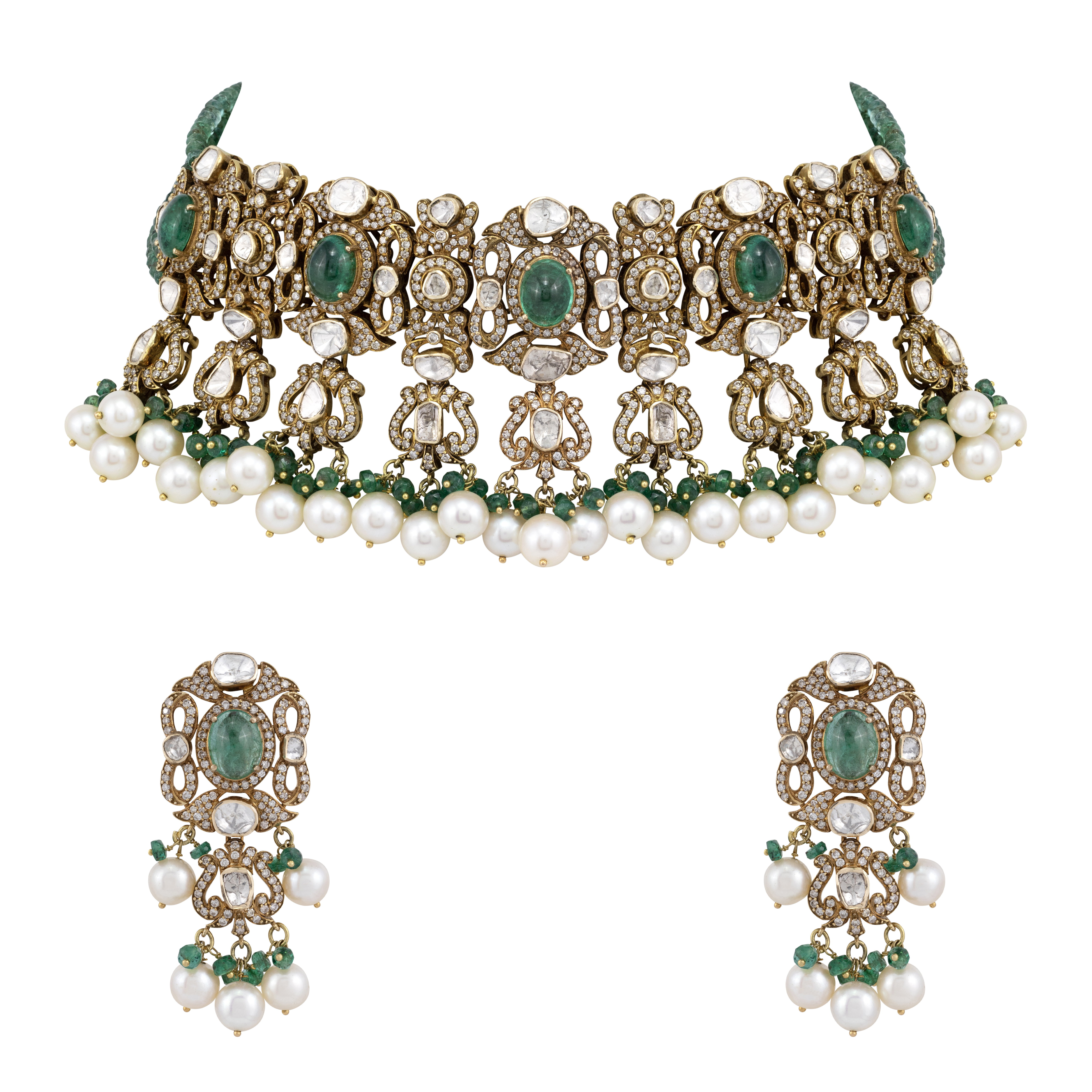Antique Polki Choker Set with Emeralds , Diamonds and Pearl Clusters