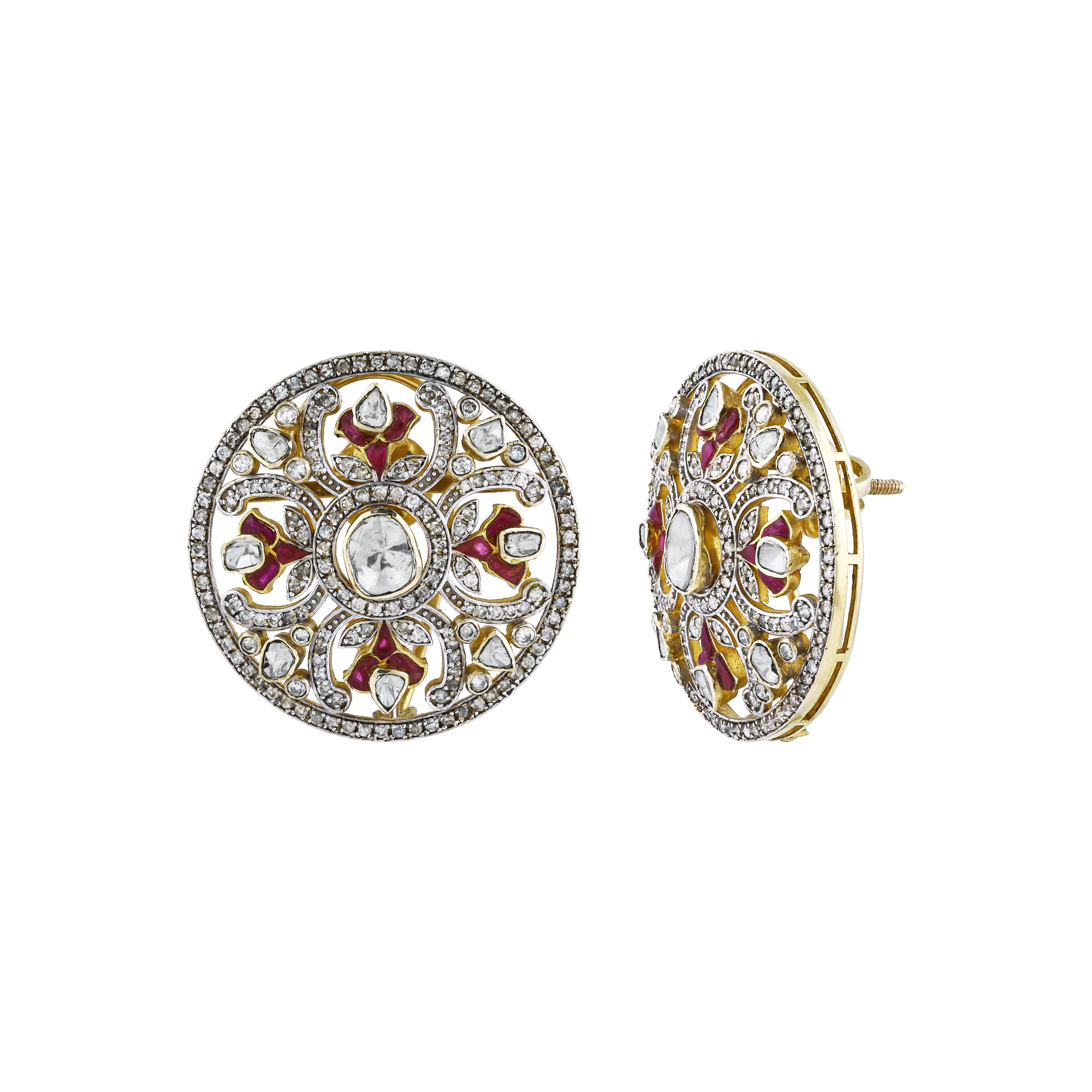 Opulent Circular Earrings with Uncut Diamond and Red Talaf