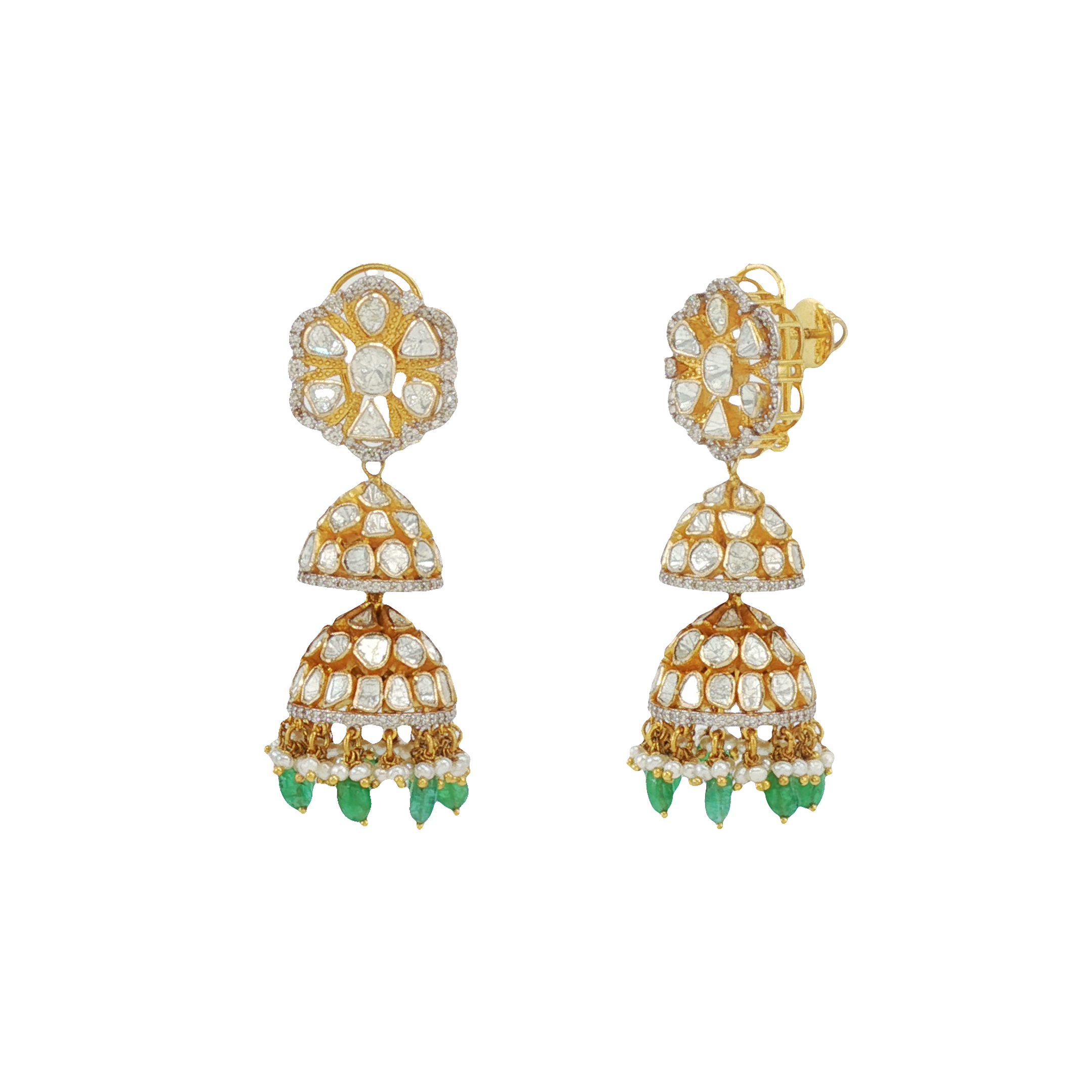Tiered Polki Jhumkas with Emerald Drops