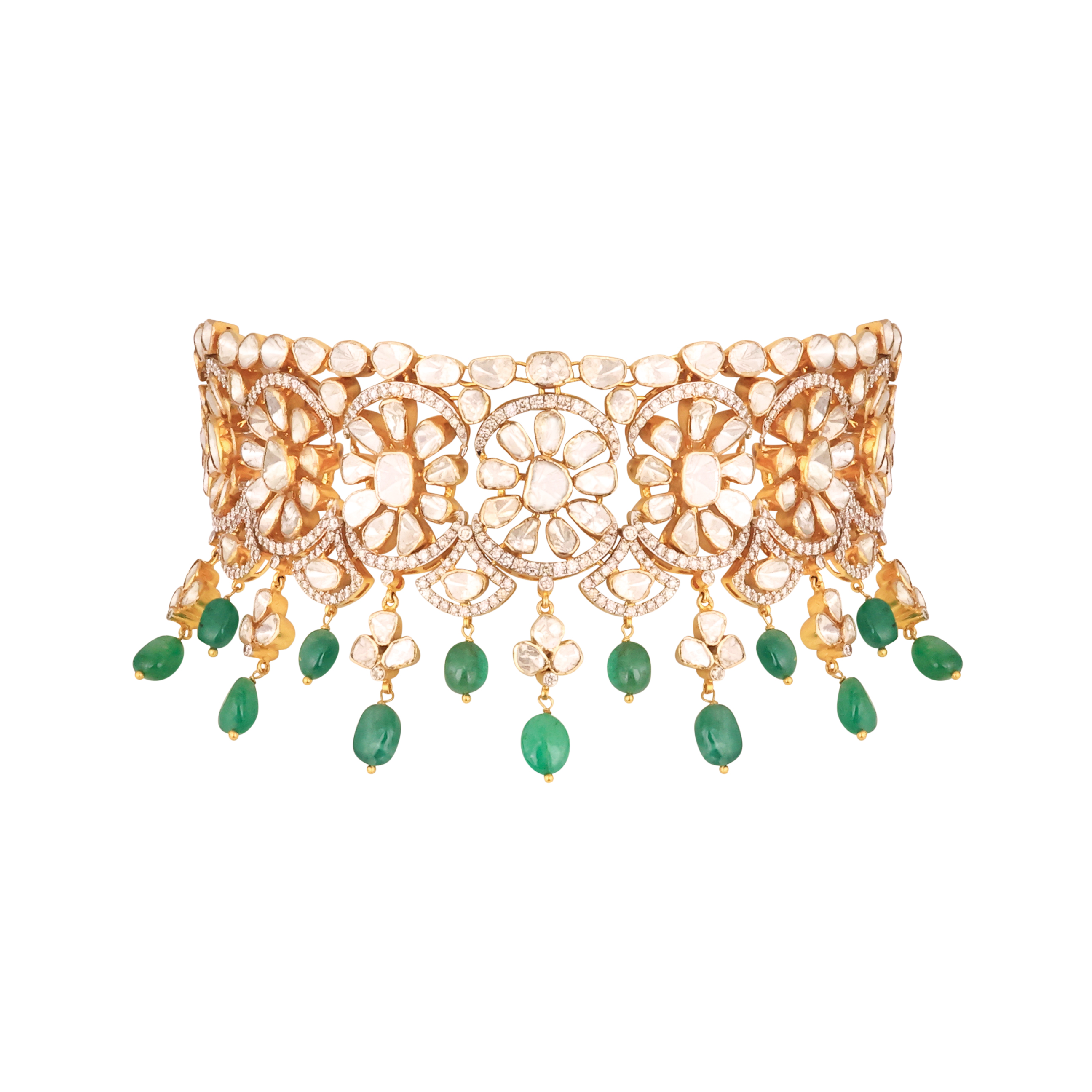 Floral Polki Choker with Emerald Beads