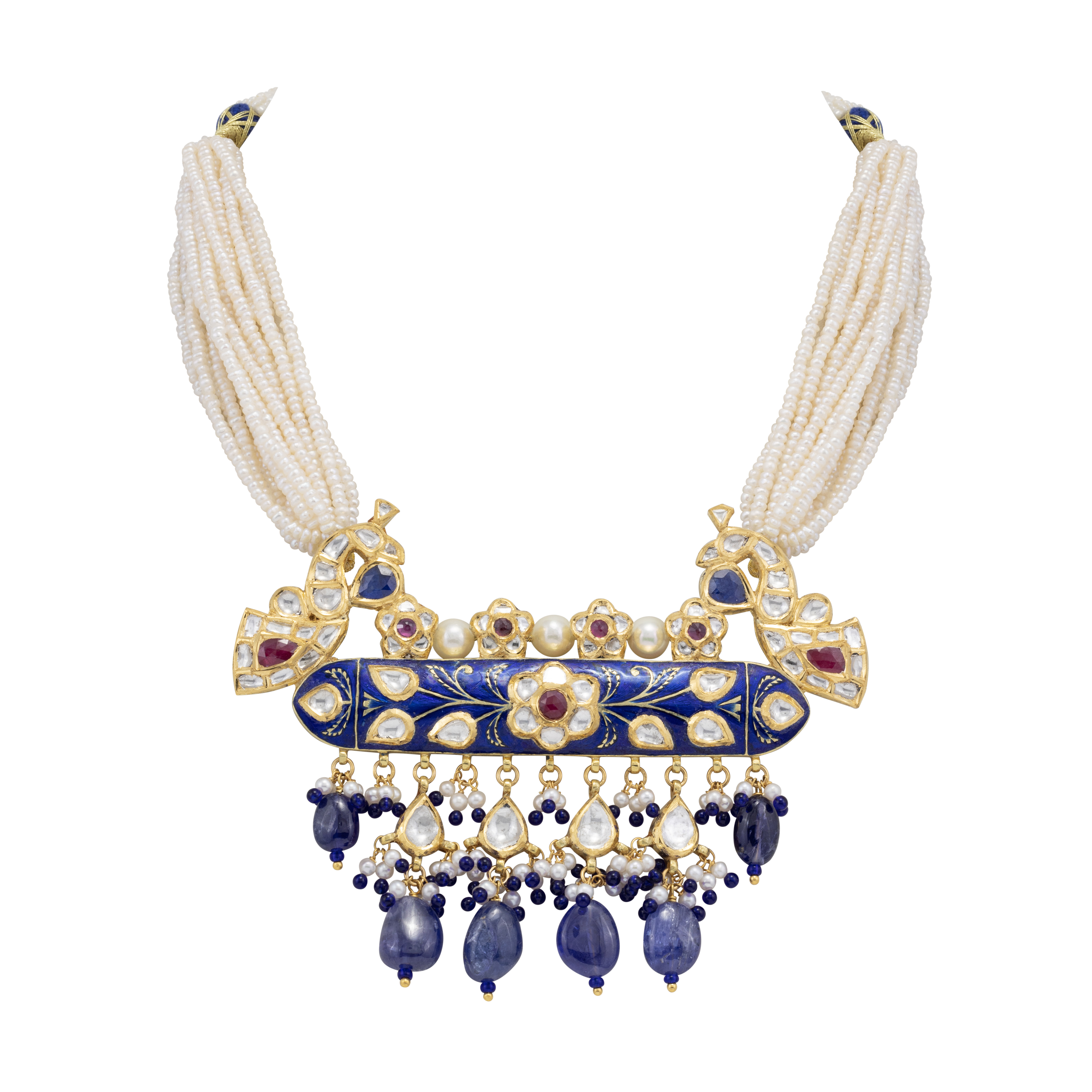 Blue Peacock Meenakari Pendant with Sapphire and Pearls