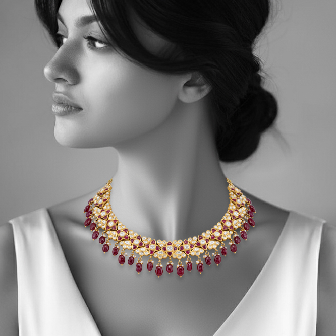 Ruby Guluband Necklace with Polki Cluster