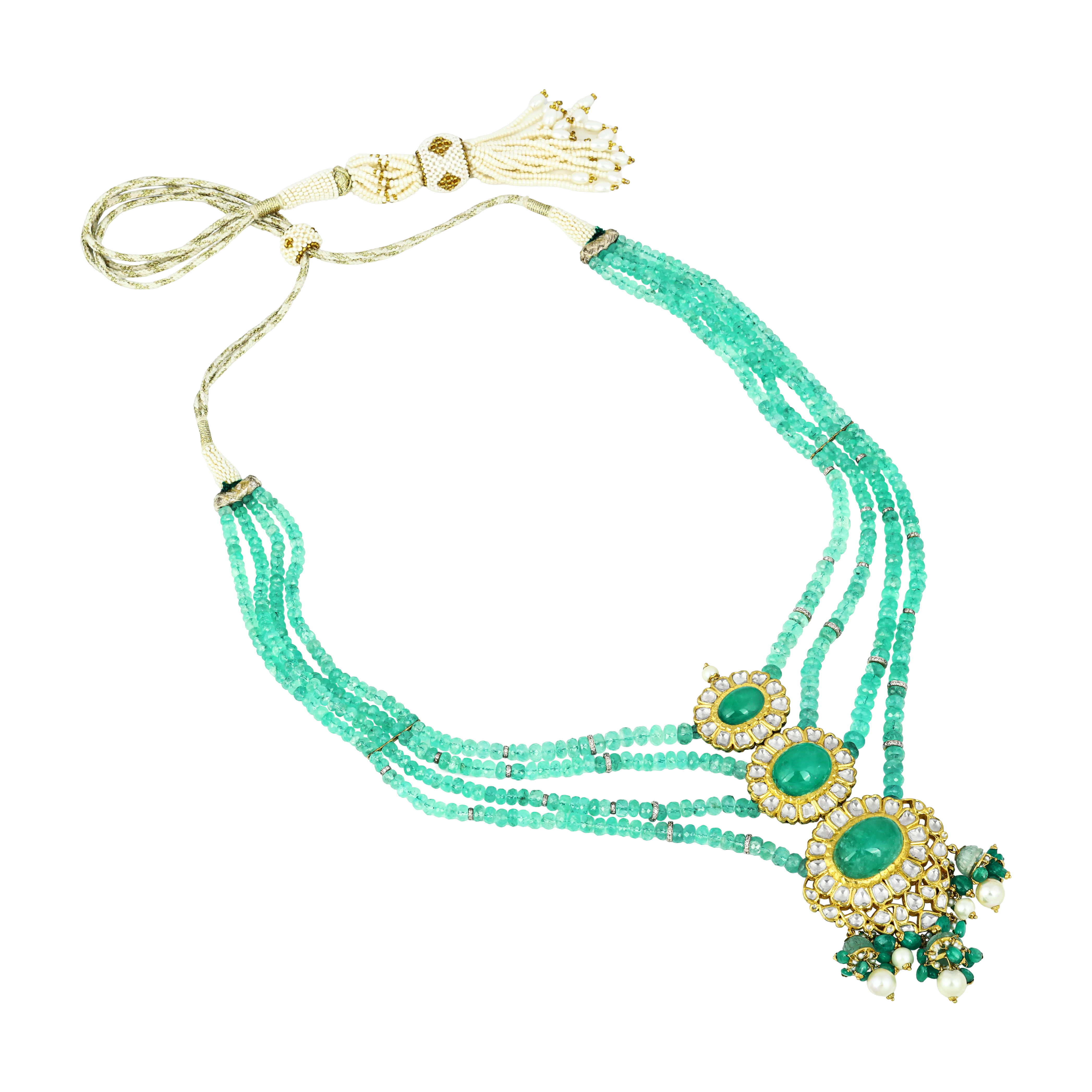 Triple Green Oval Necklace with Polki and Pearl Drops