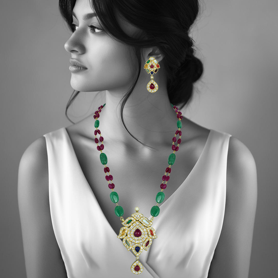 Navaratan Pendant Necklace with Polkis, Ruby, and Emerald Beads