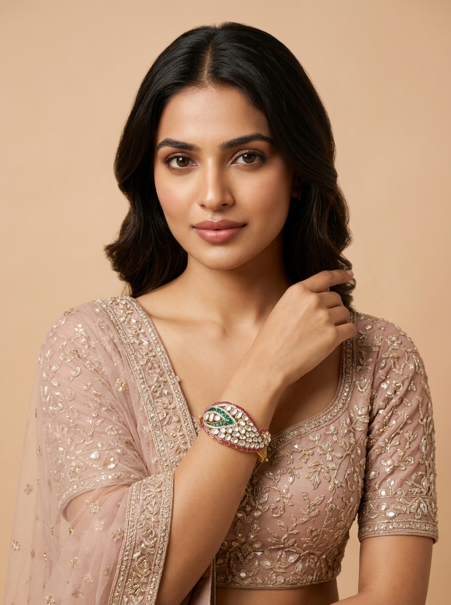 Bud-Inspired Polki Bangle with Green and Red Talafs