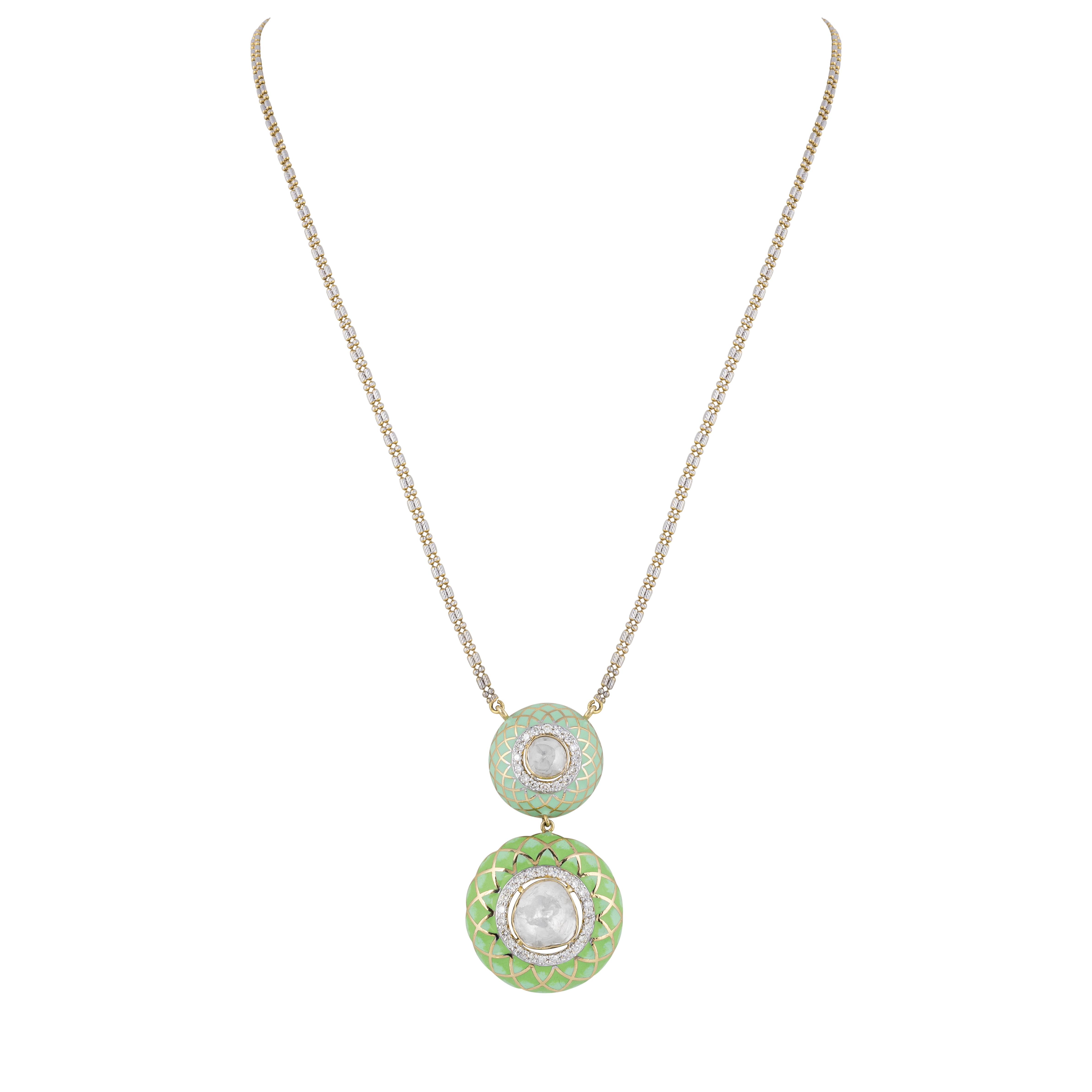 Two-tiered Polki Pendant with Pastel Green Enamel