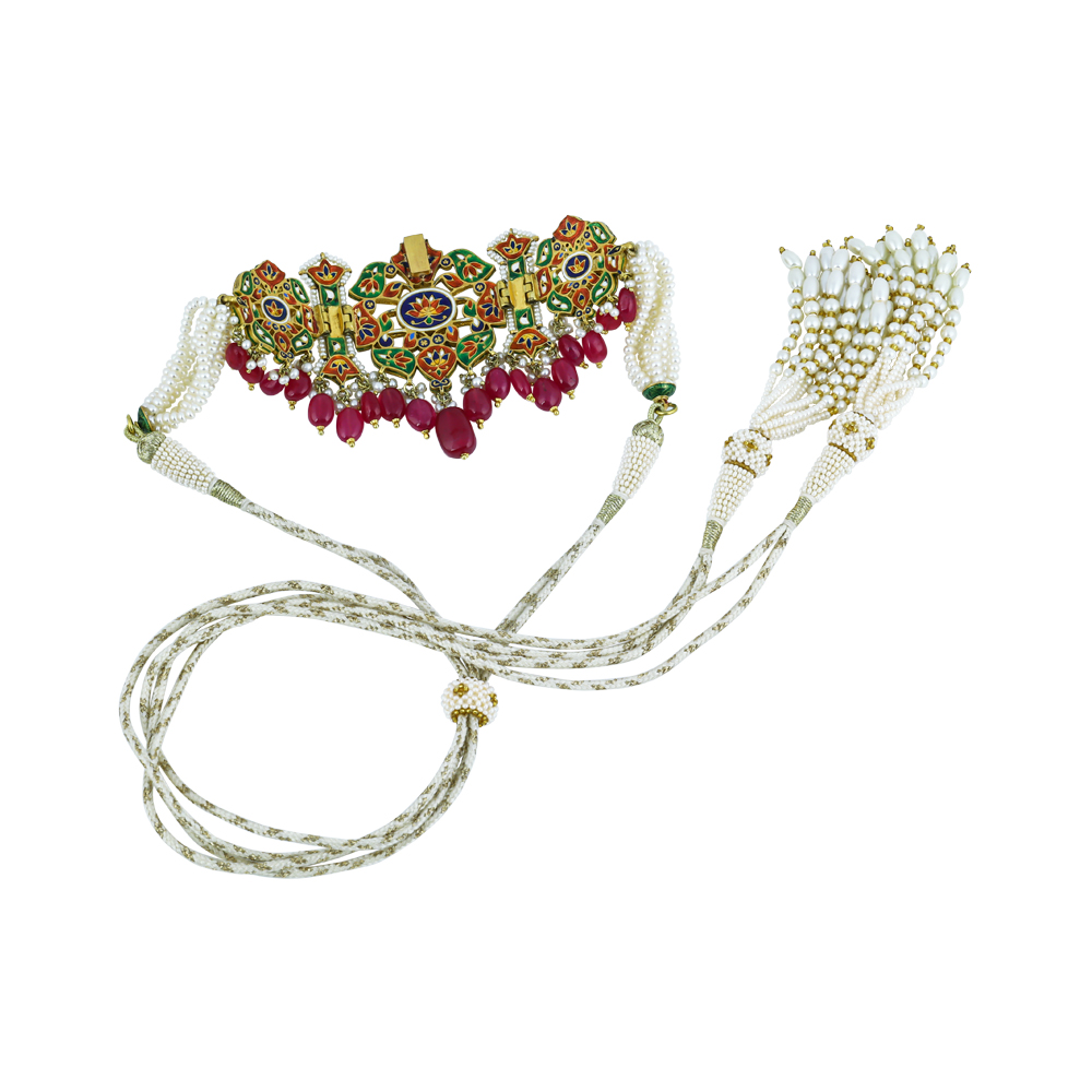 Polki Navaratna Choker Set with Ruby Drops and Detachable Kalangi
