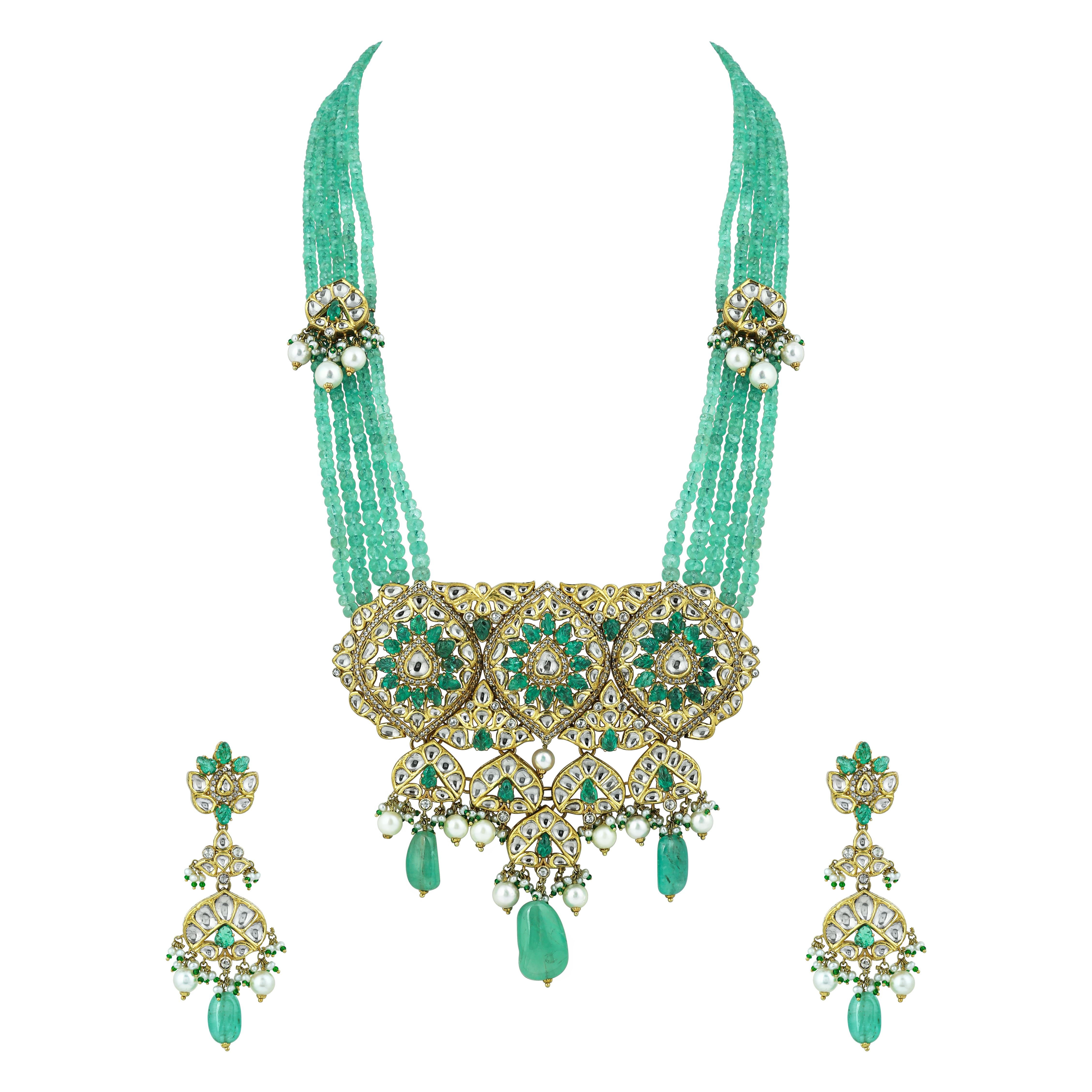 Pendant Necklace Set with Uncut Diamond Polki ,Green Tumble and Pearls