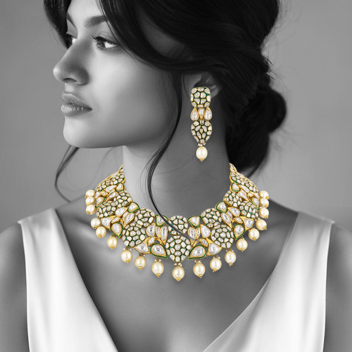 Polki Necklace Set with Pearl Drops & Green Enamel Cluster Polki