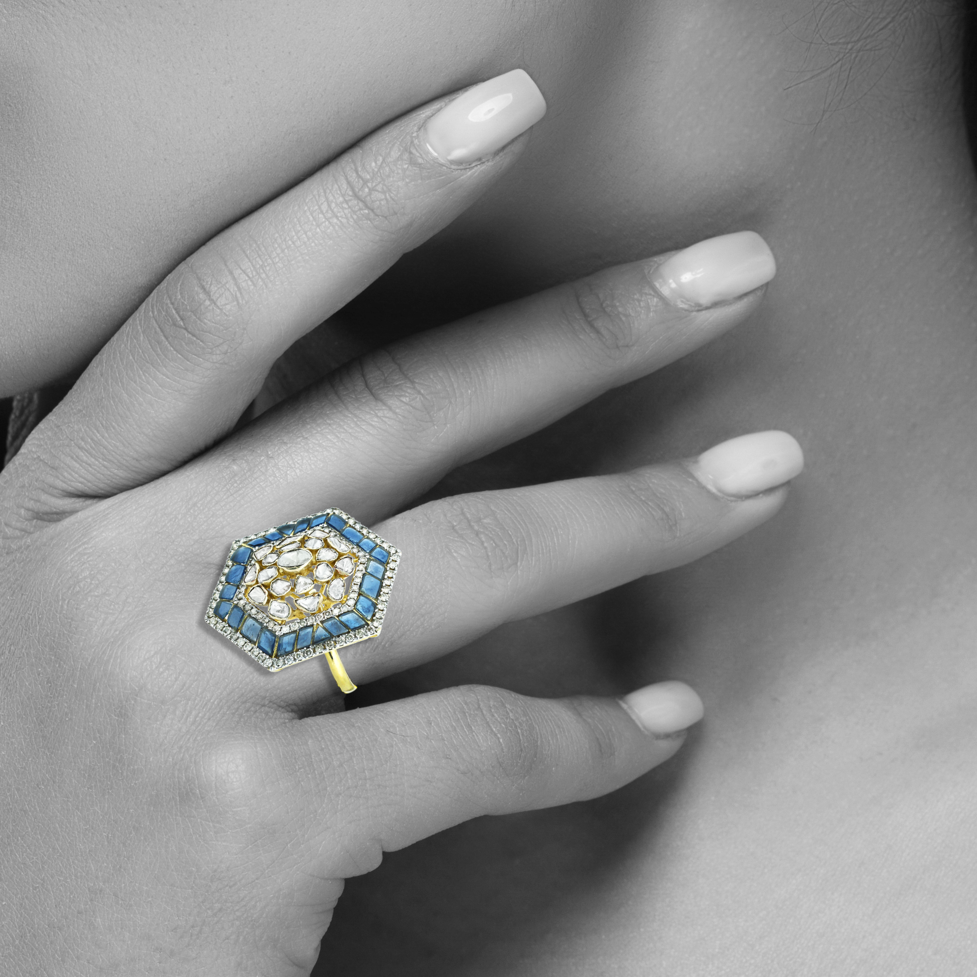 Hexagonal Polki Ring with Blue Talaf and Diamond Halo
