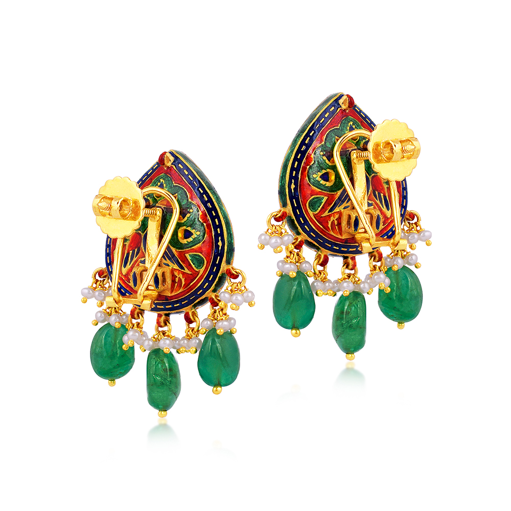 Floral Polki Earrings with Red-Blue Meena, Emeralds, and Pearls