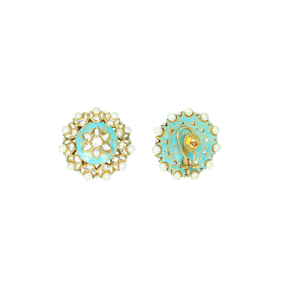 Turquoise Meena Polki Floral Studs with Pearls