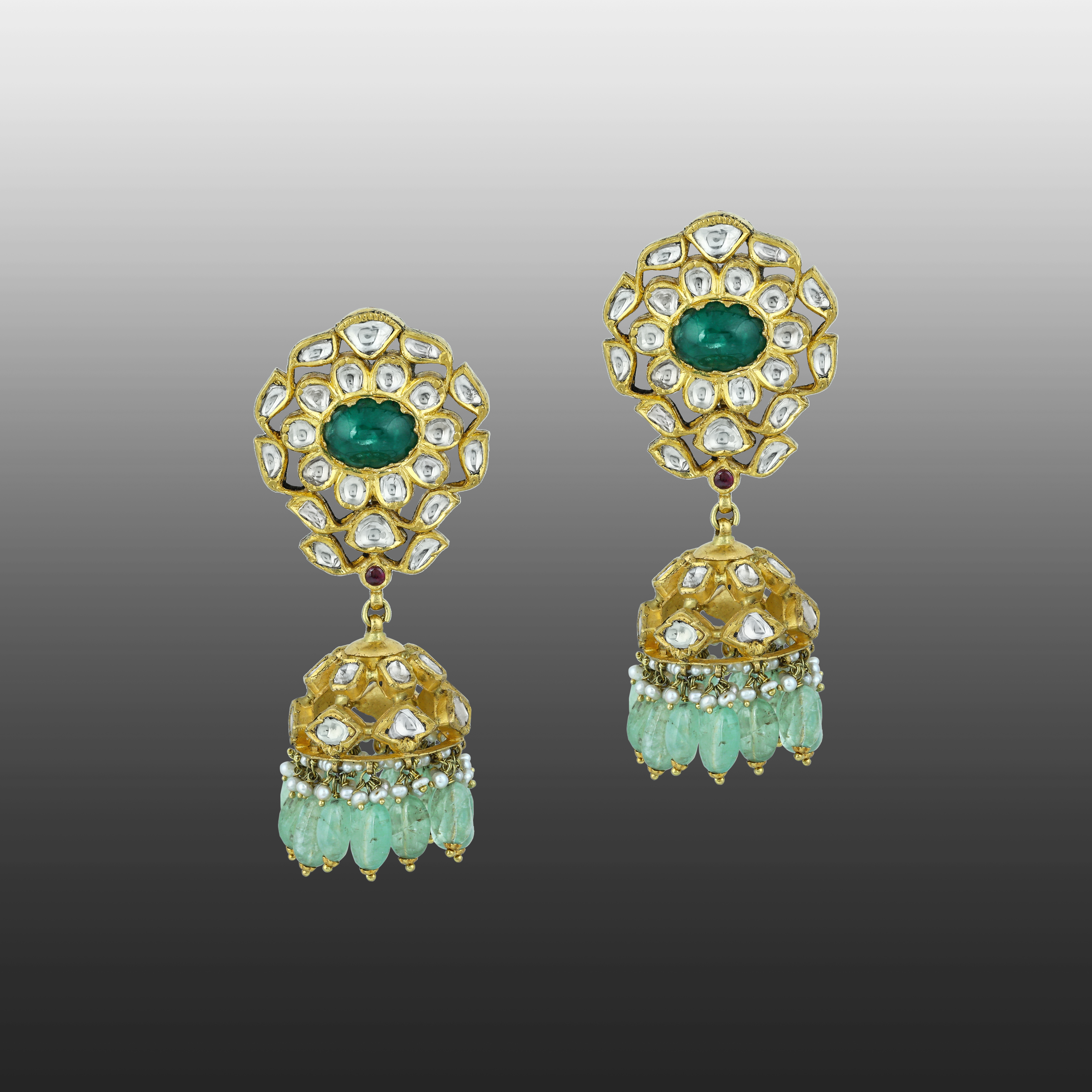 Green Cabochons & Polki Necklace Set with Pearl Accents