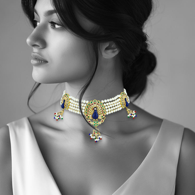 Peacock Enamel Pearl Choker with Gemstones & Bead Drops