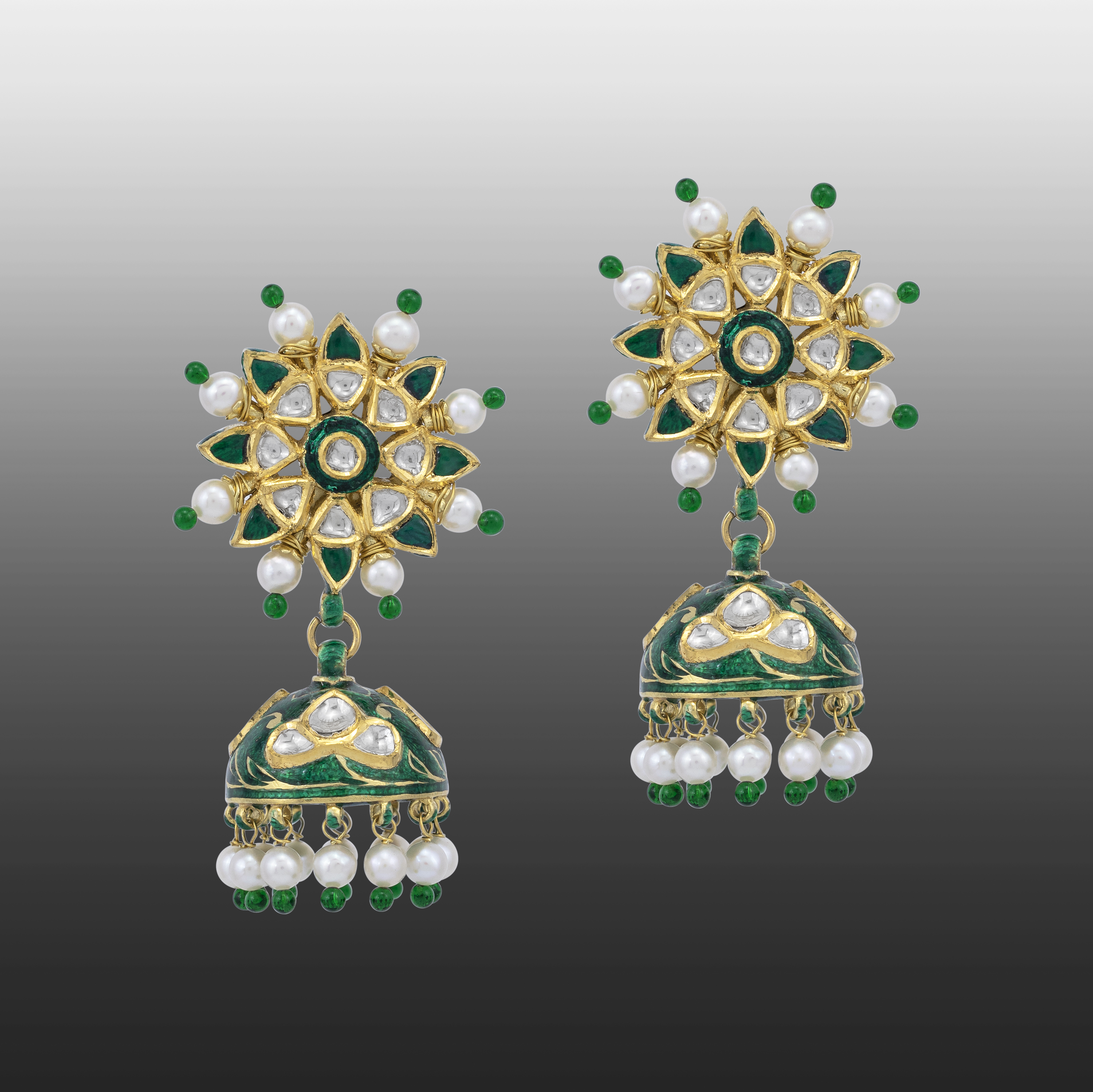Floral Polki Jhumkas with Green Bead Fringe