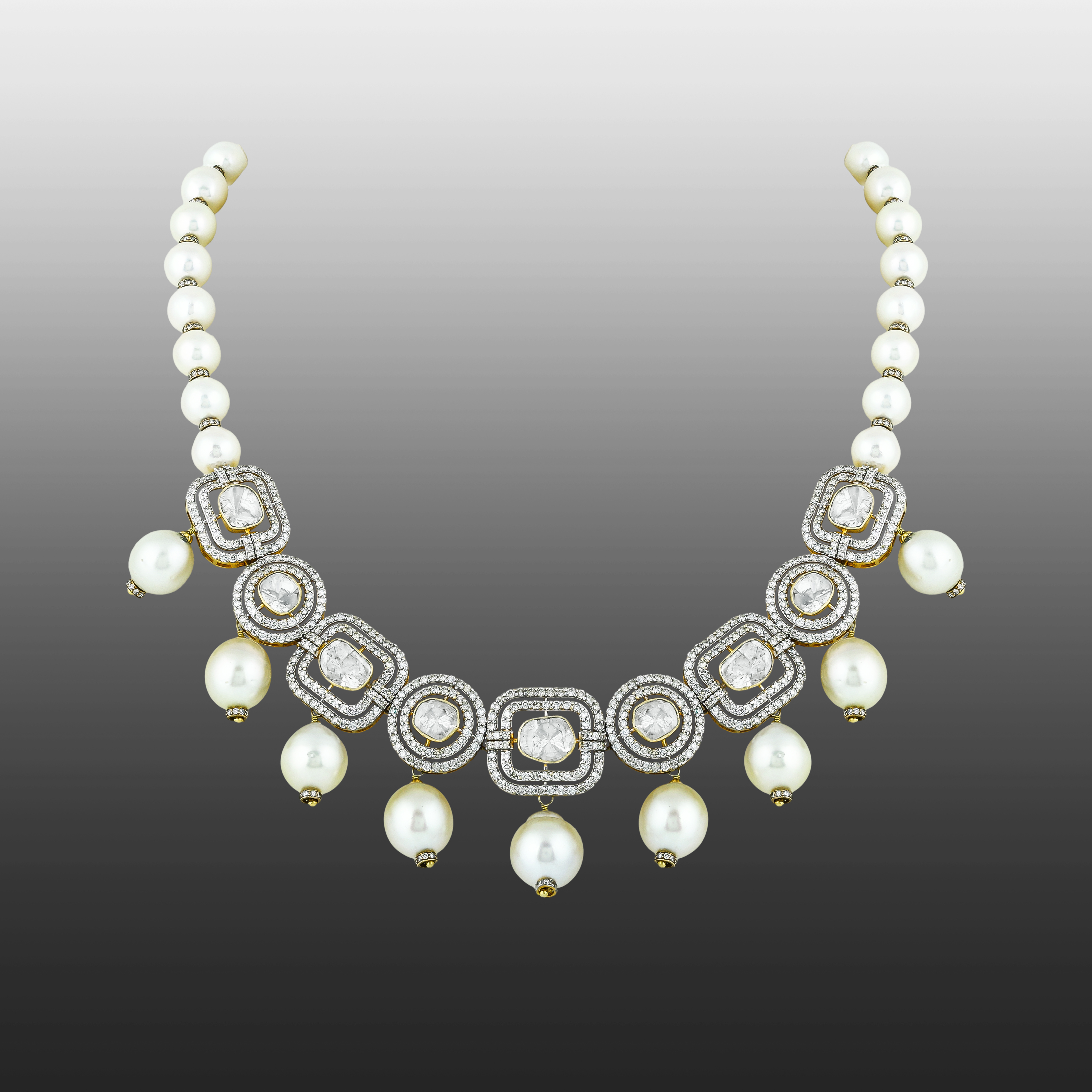Square Polki Necklace with Diamond Frames & Southsea Pearls