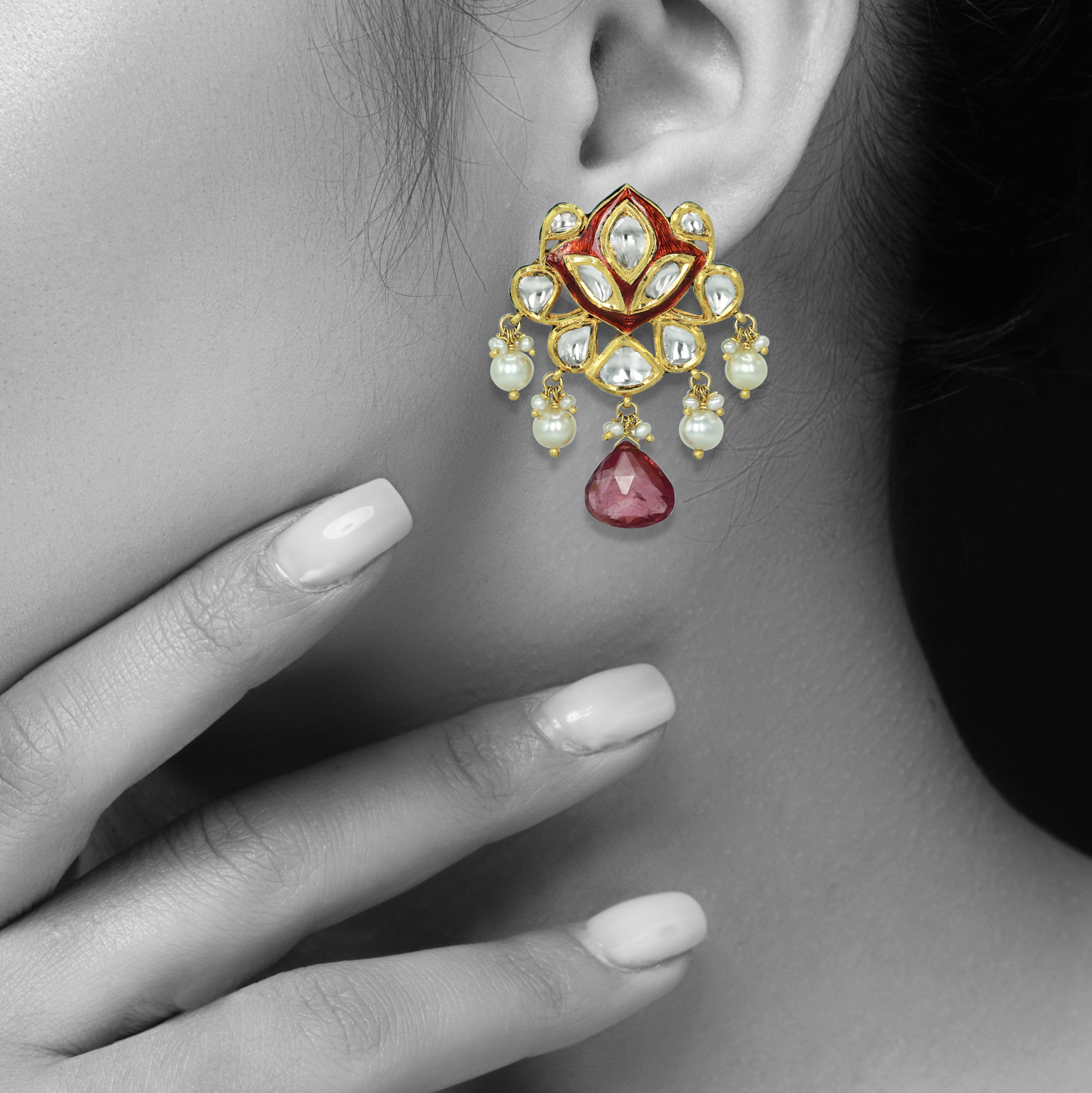 Red Enamel Polki Pendant Set with Tourmaline and Pearl Drops