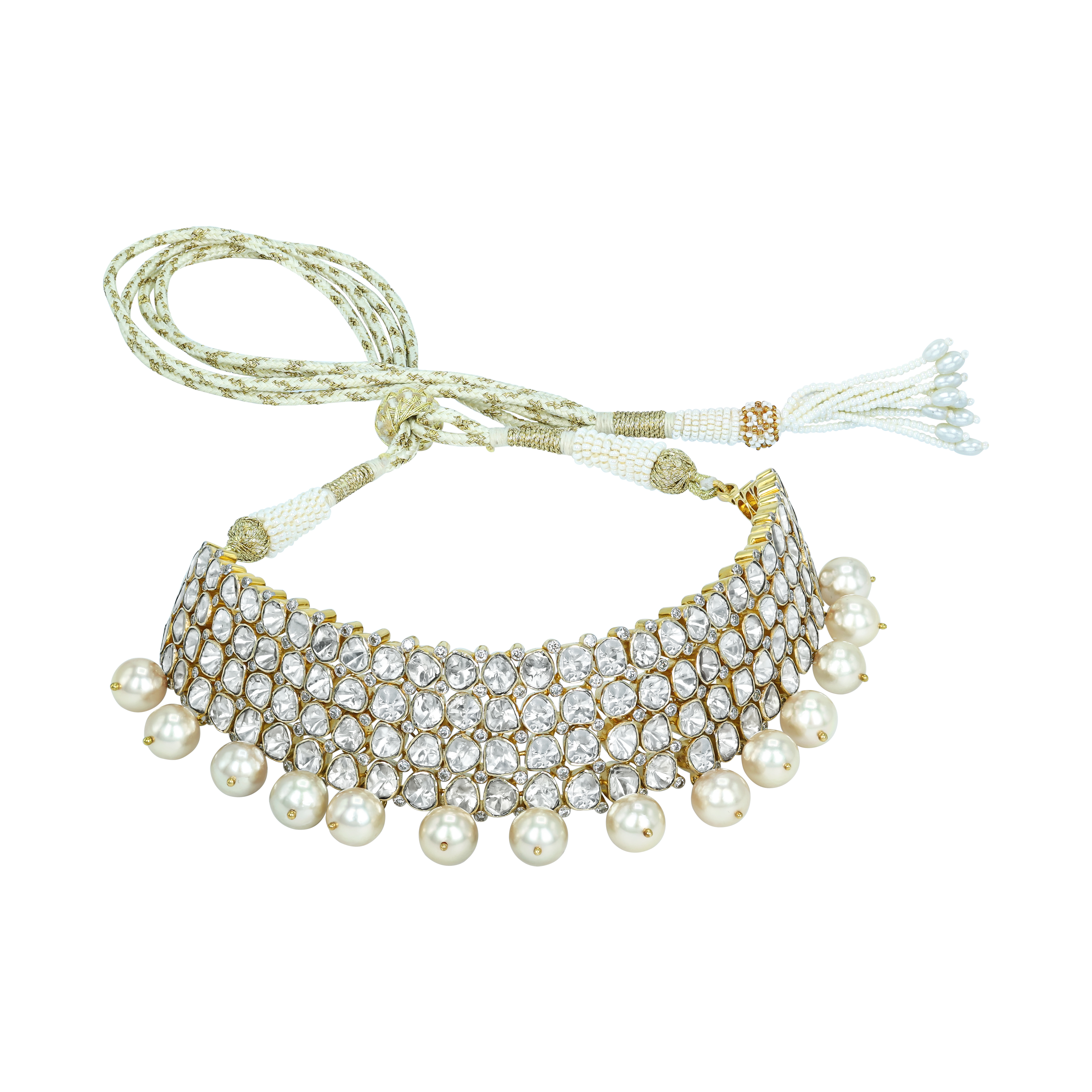 Polki Diamond Choker with Multi-Row Design and Pearl Drops