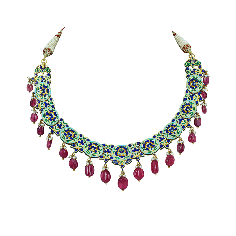 Navratan Necklace with Polki Diamonds and Ruby Drops