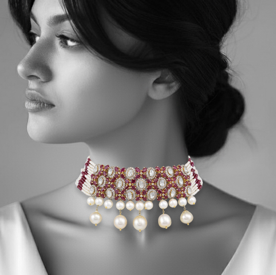 Ruby and Polki Choker with Pearl Strands