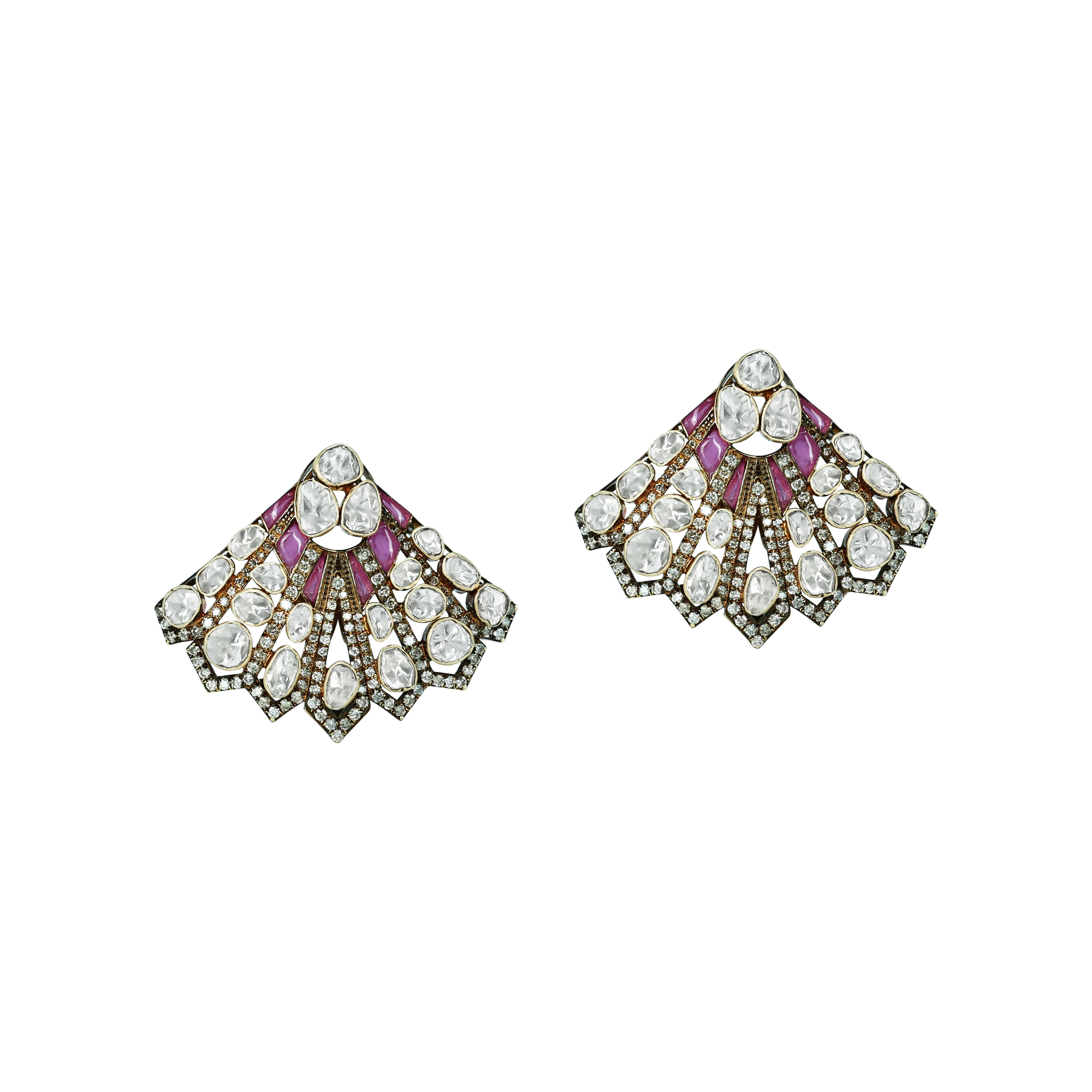 Antique Fan-Shaped Polki Stud Earrings with Pink Talaf