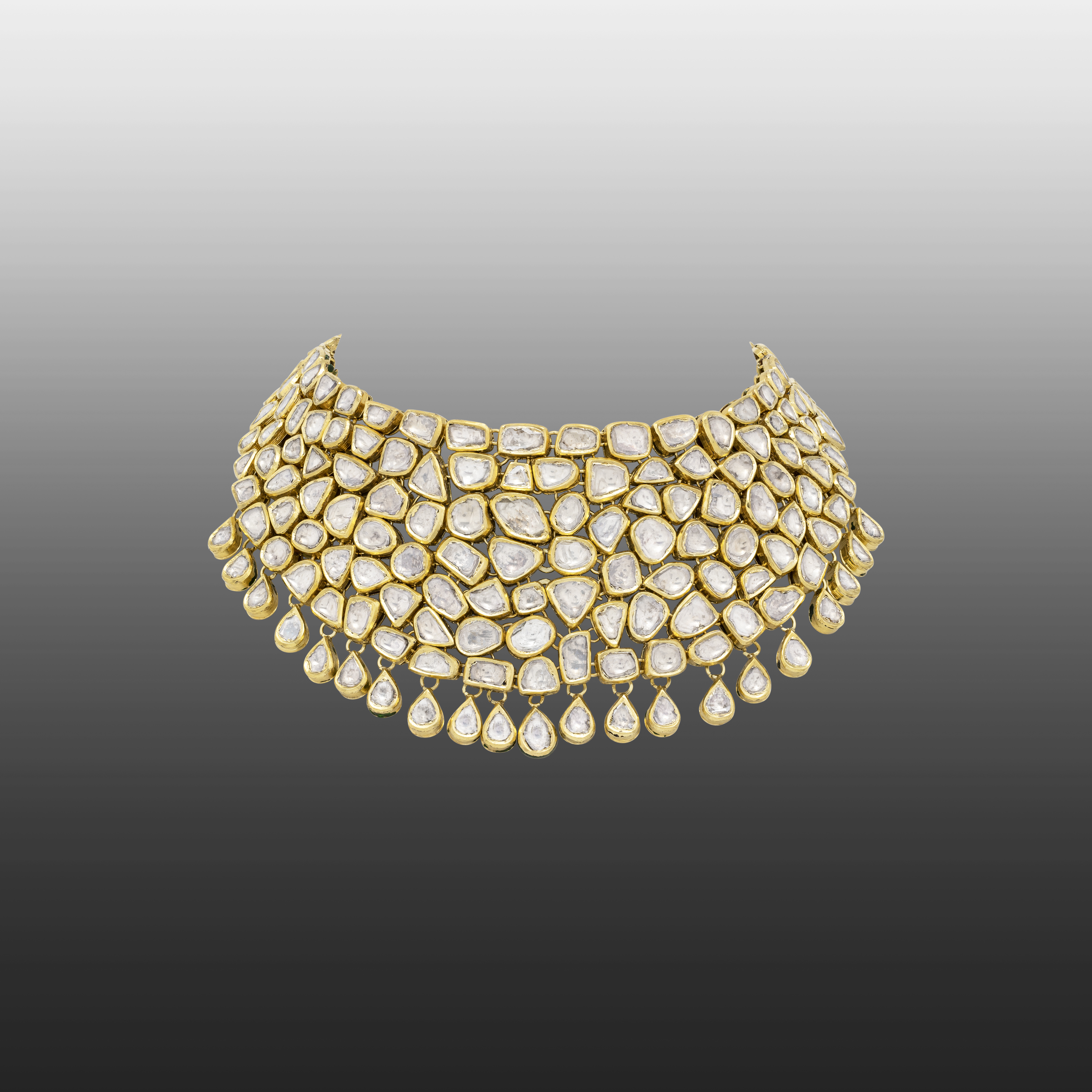 Regal Gold Choker Polki Cluster with Uncut Diamonds & Pear-Shaped Drops