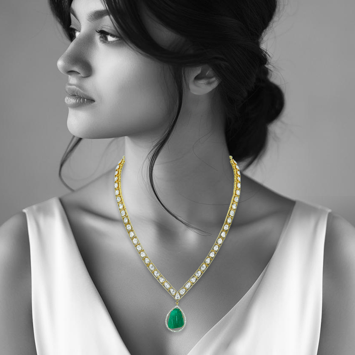 Polki Diamond Necklace with Open Setting and Emerald Teardrop Pendant