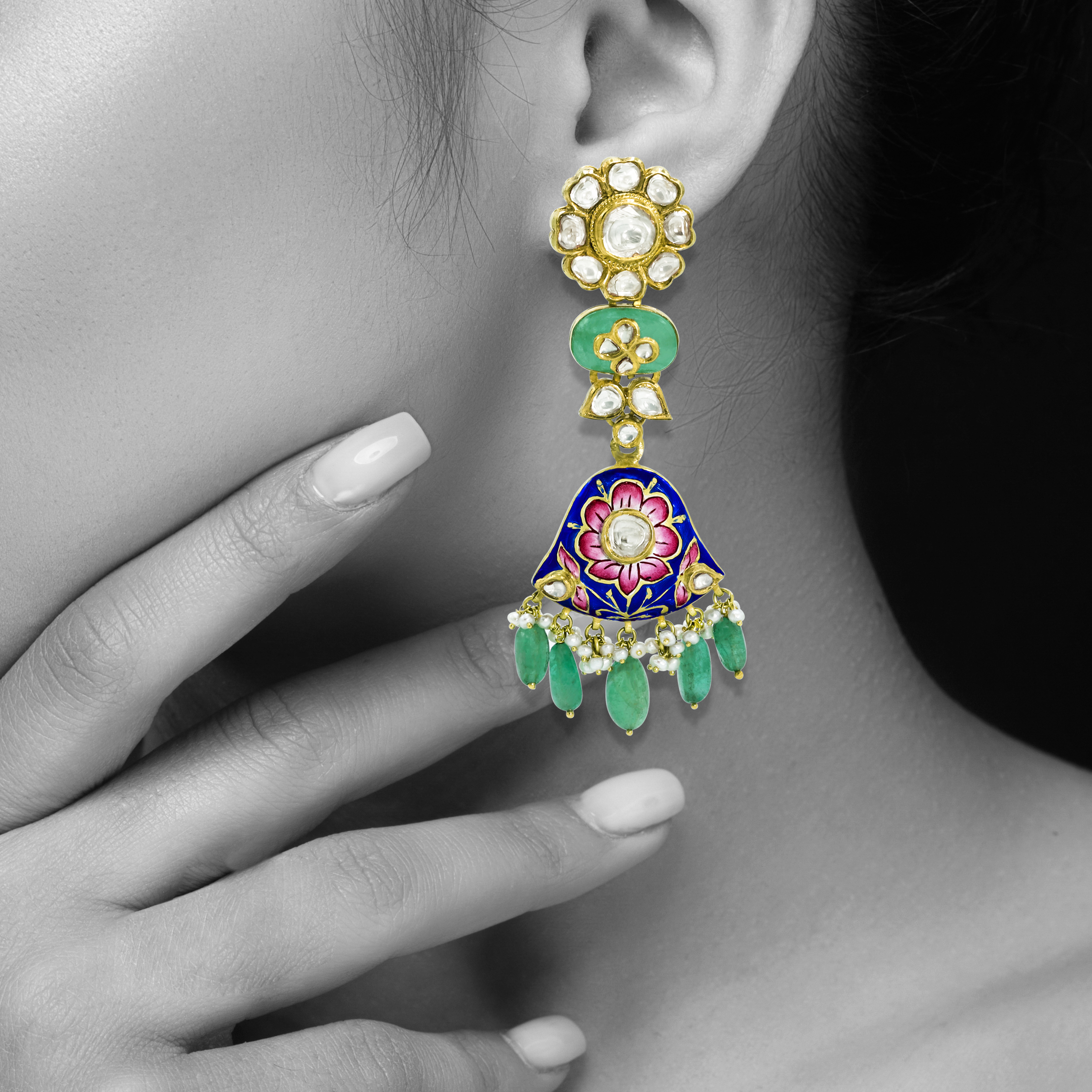 Polki Earrings with Blue-Pink Enamel, Emeralds, and Pearls