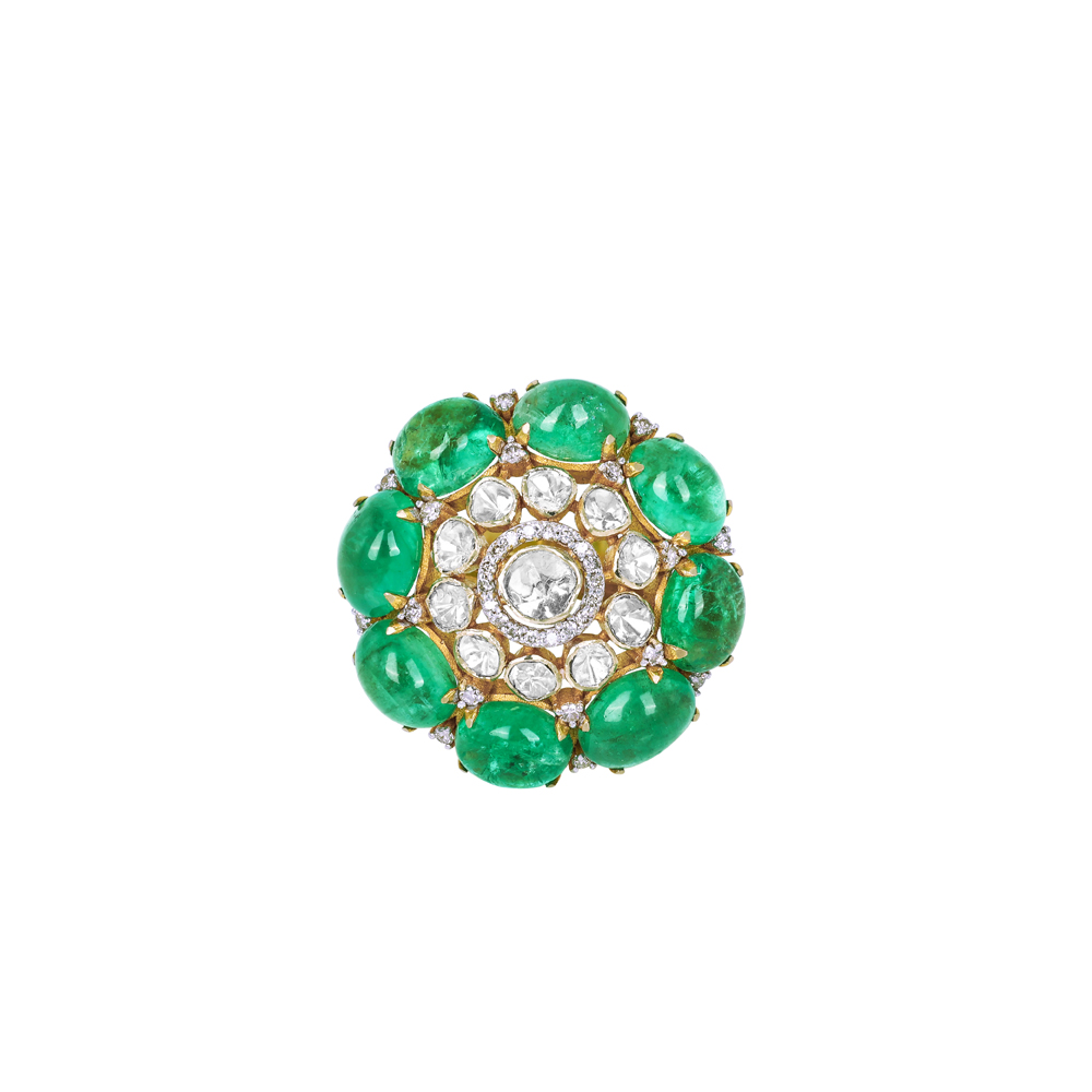 Floral Ring with Emerald Petals , Diamonds and Polki