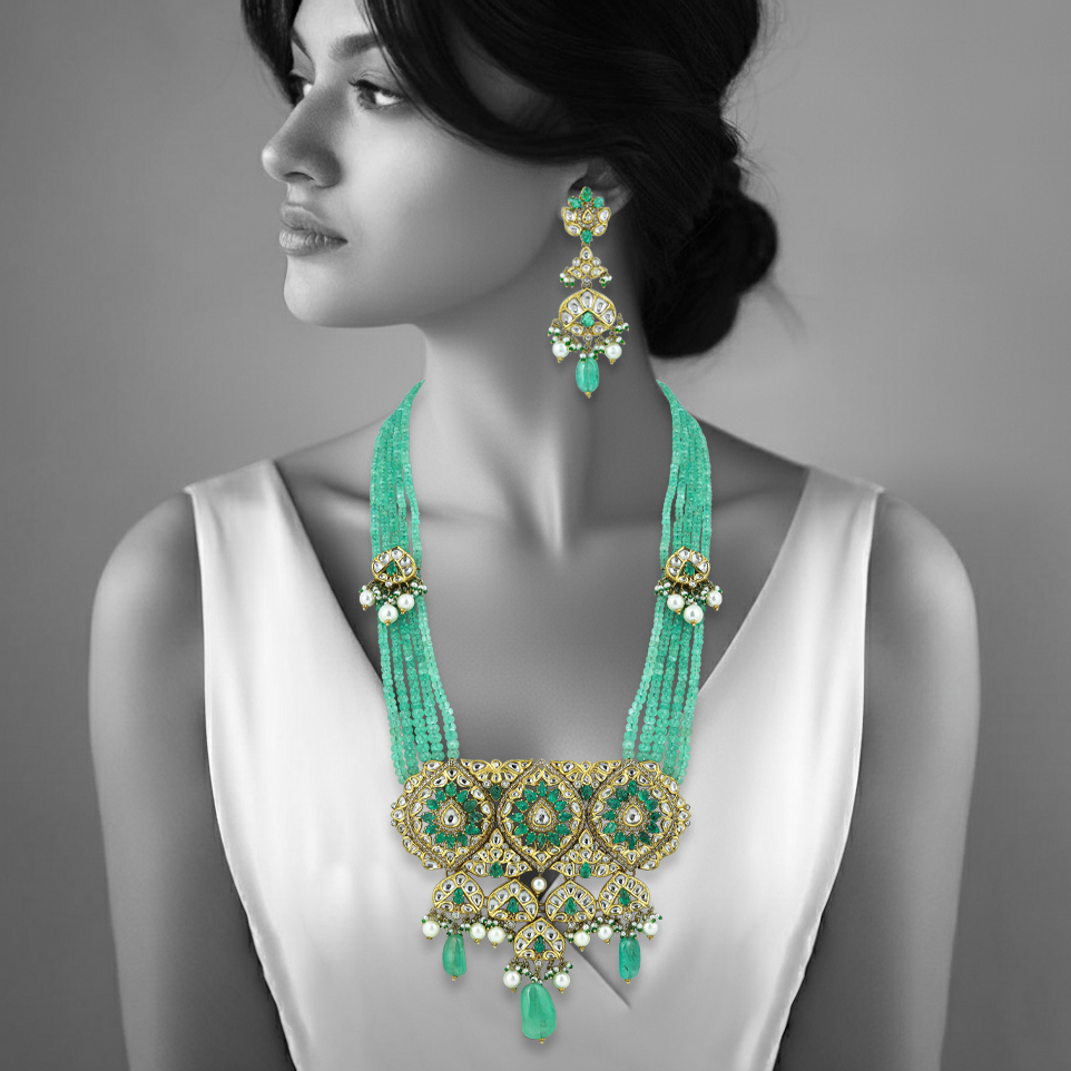 Pendant Necklace Set with Uncut Diamond Polki ,Green Tumble and Pearls