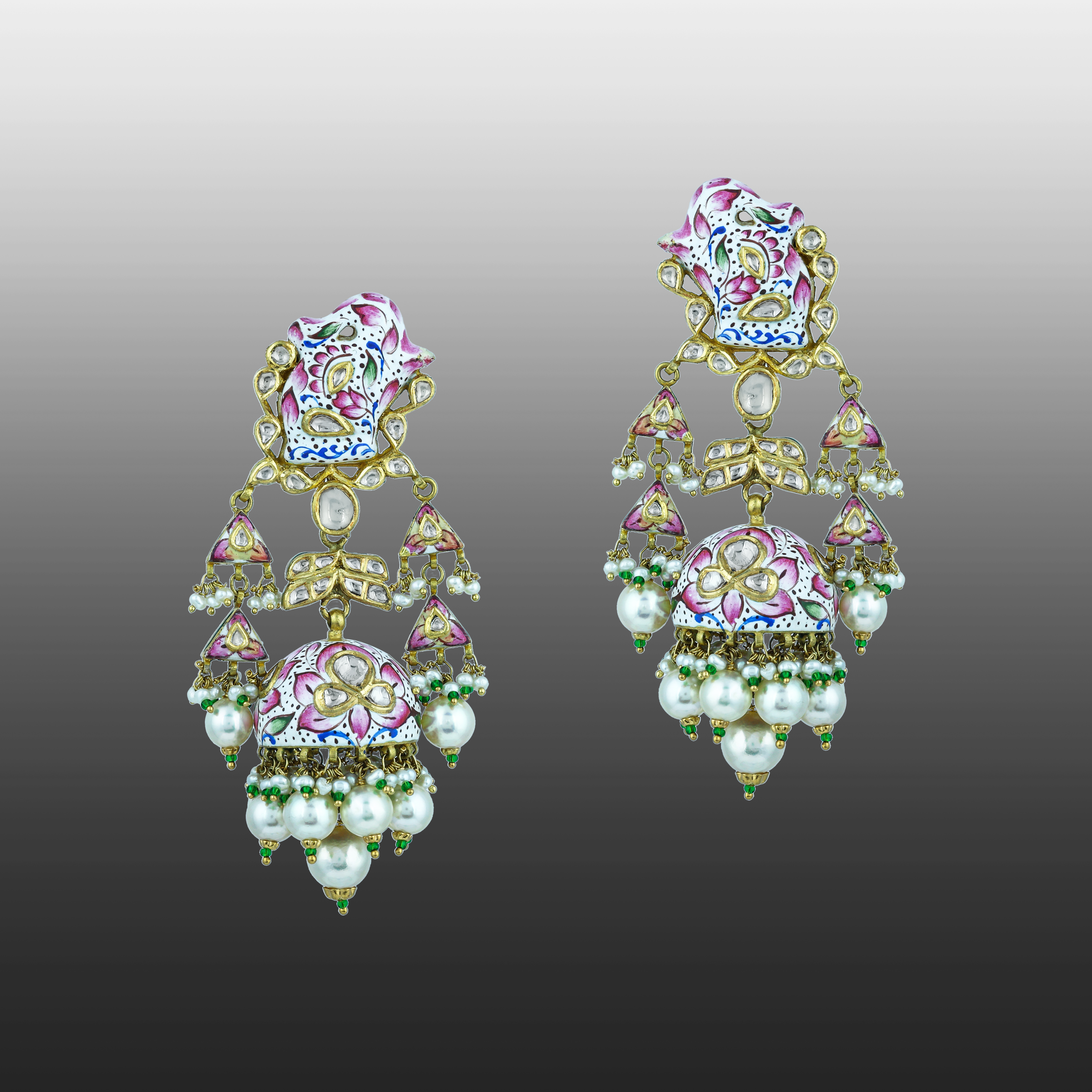 Pink White Meenakari Necklace Set with Uncut Diamond Polkis & Pearls