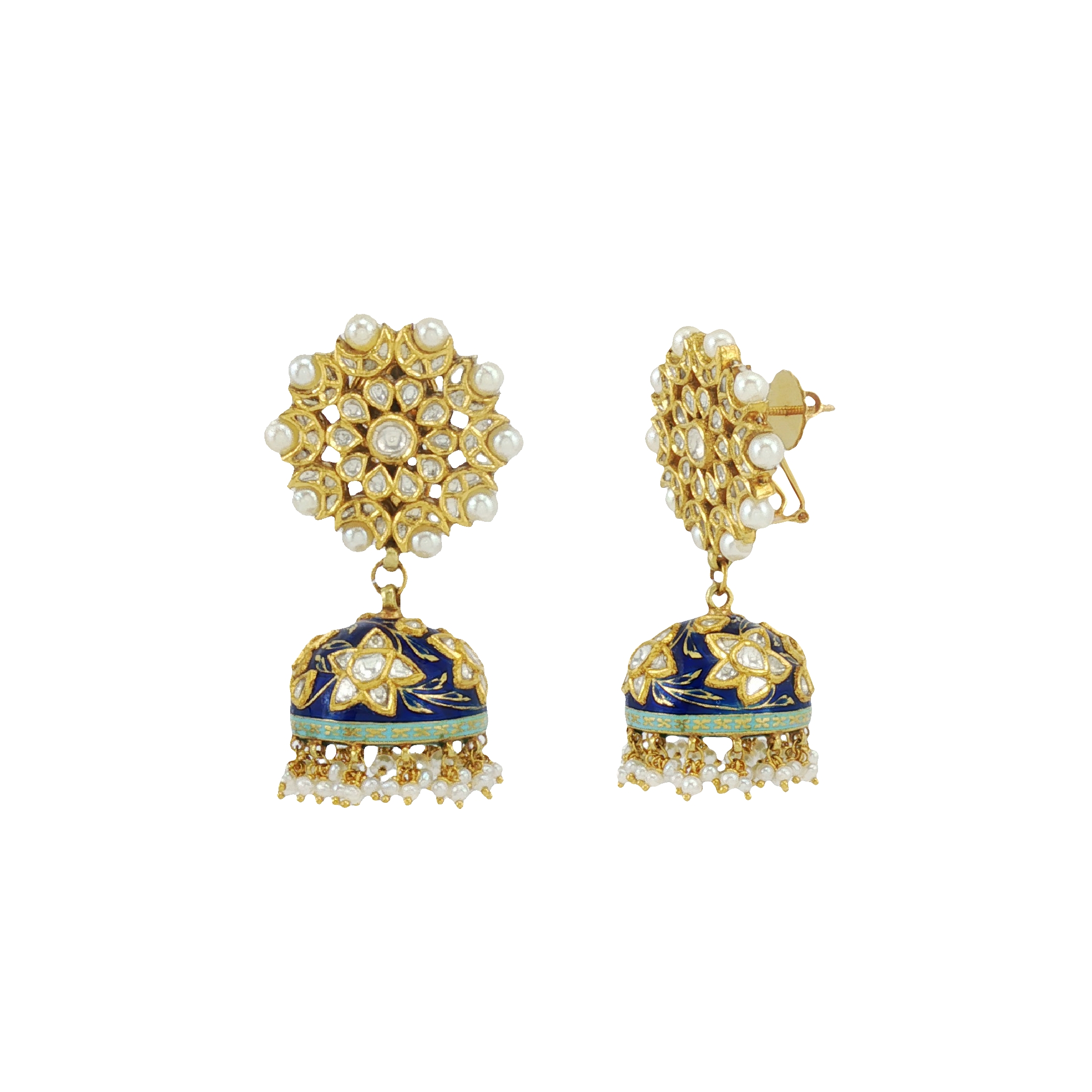 Polki Floral Jhumkas with Enamel Dome