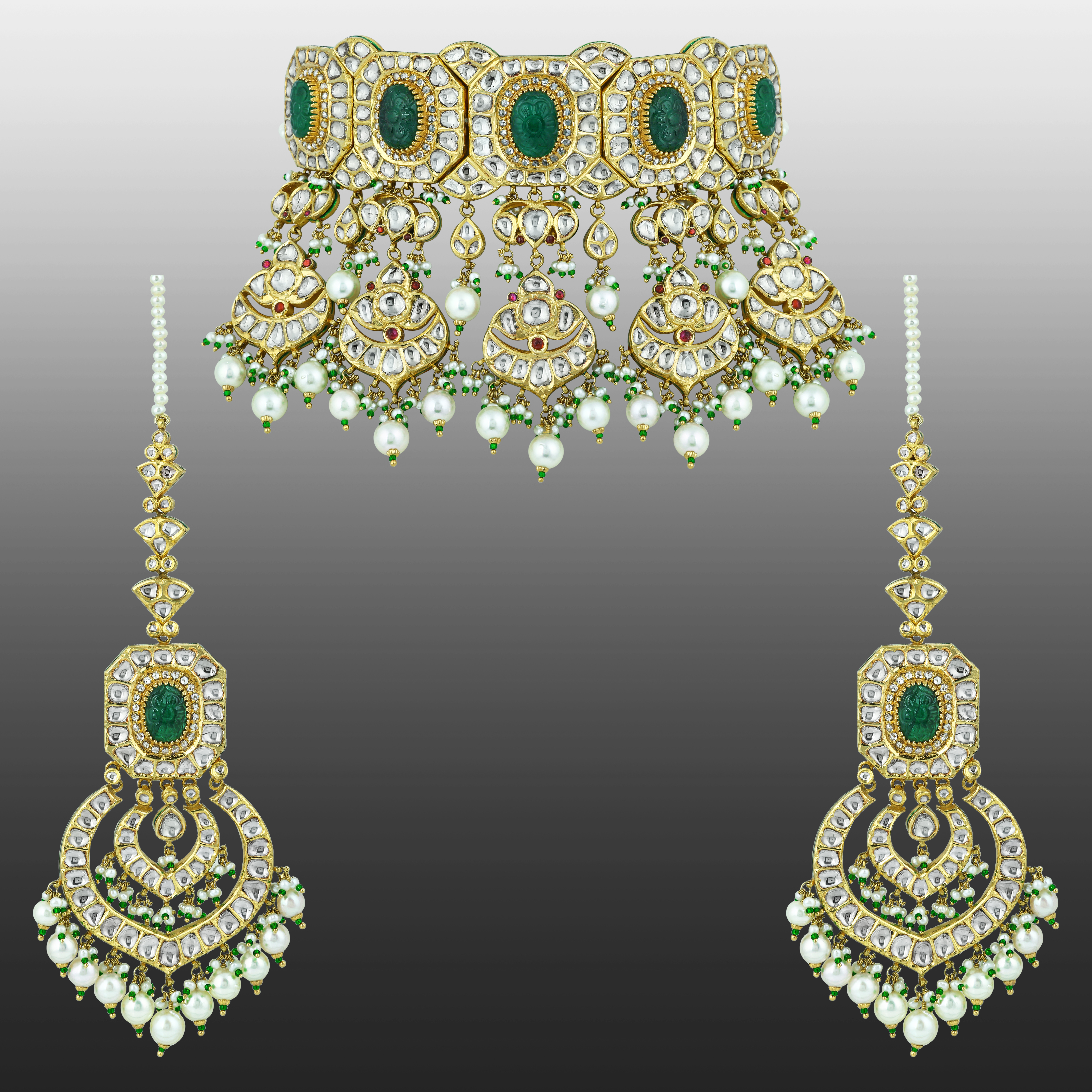 Emerald & Polki Choker with Pearl Layers and Matching Earrings