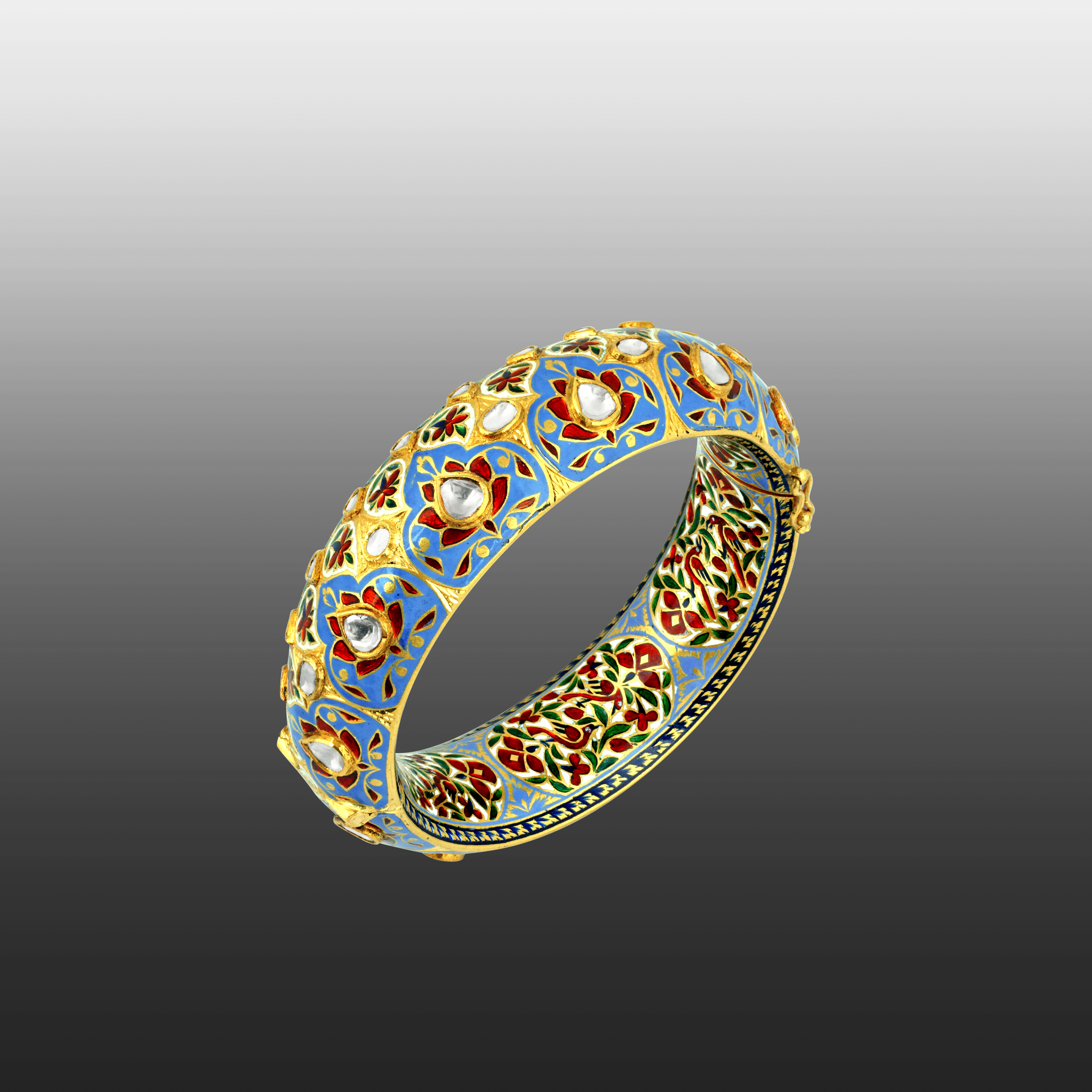 Gold Bangle with Crimson Lotus Motifs and Polki on Blue Enamel