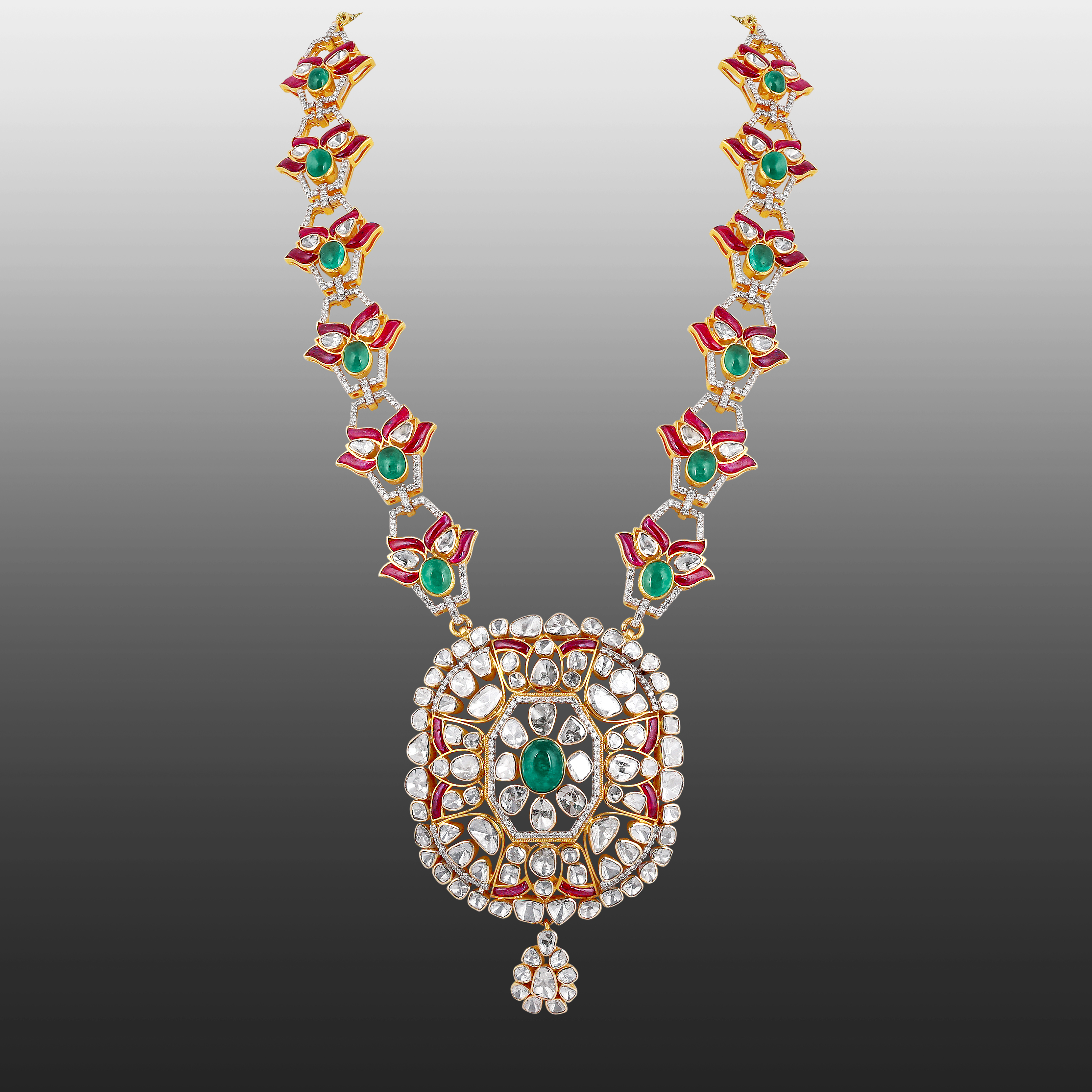 Emerald & Ruby Cabochon Necklace with Diamond Polki Halo