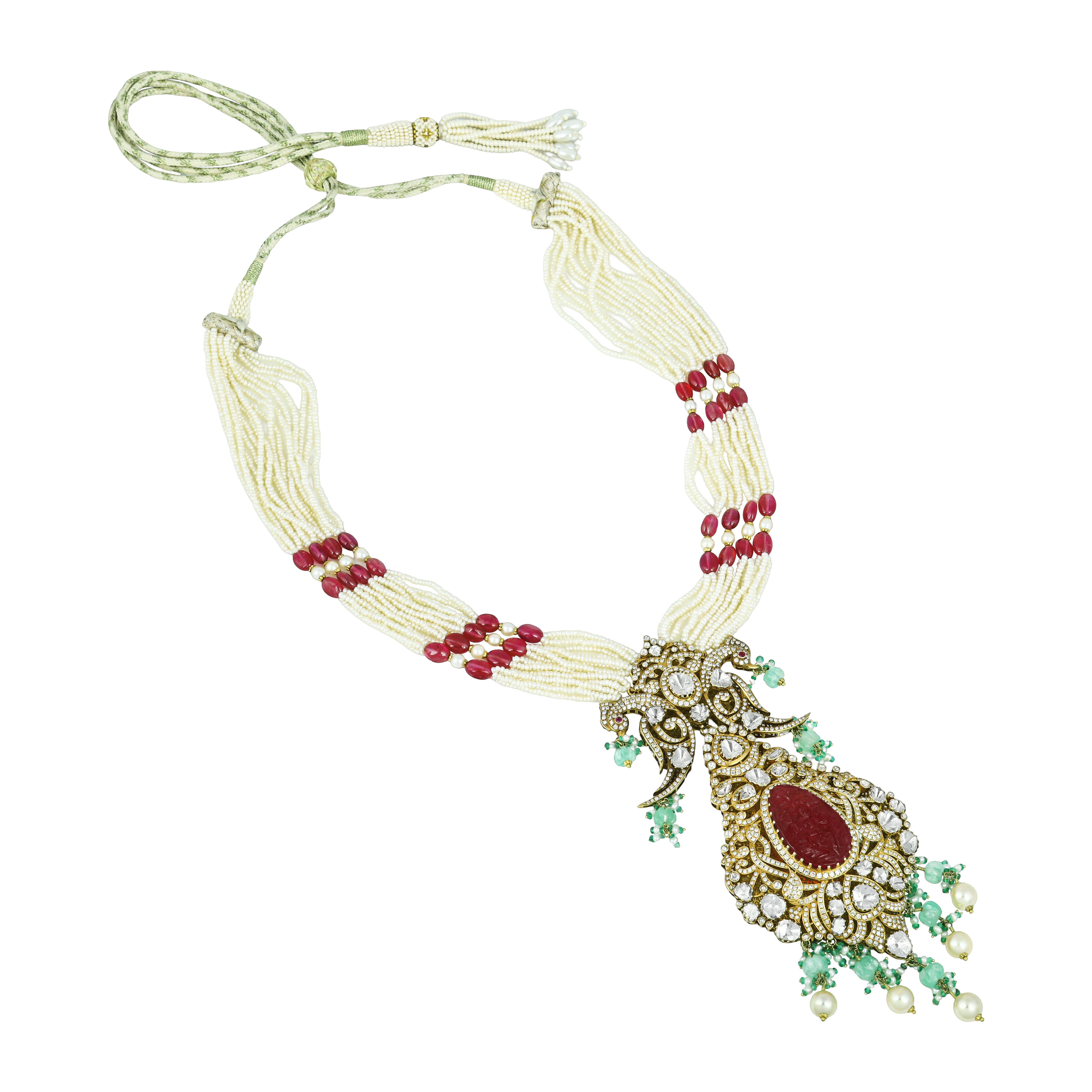 Carved Colourstone Polki Necklace with Pearl, Ruby, and Emerald Drops