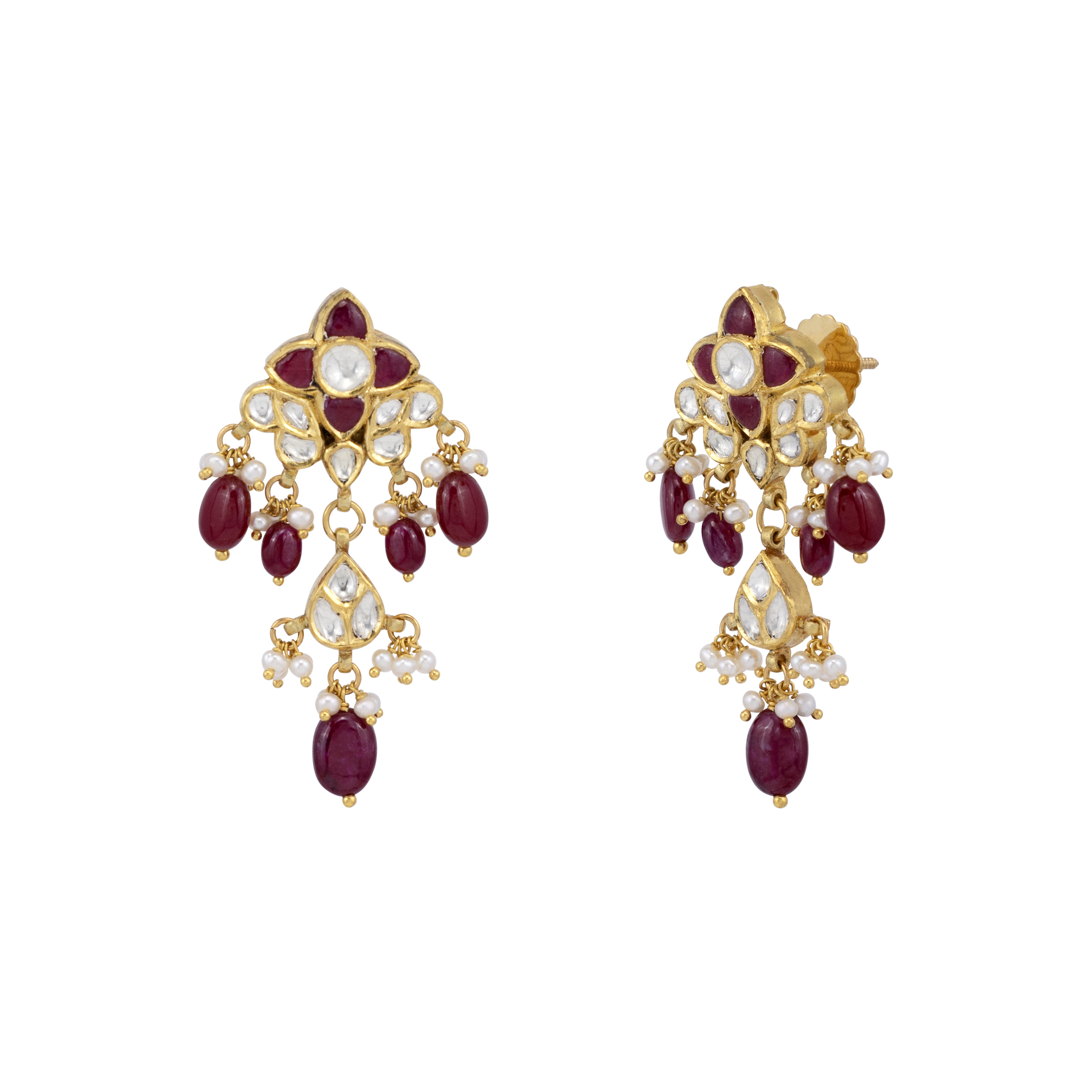 Cascading Ruby and Polki Floral Drop Earrings