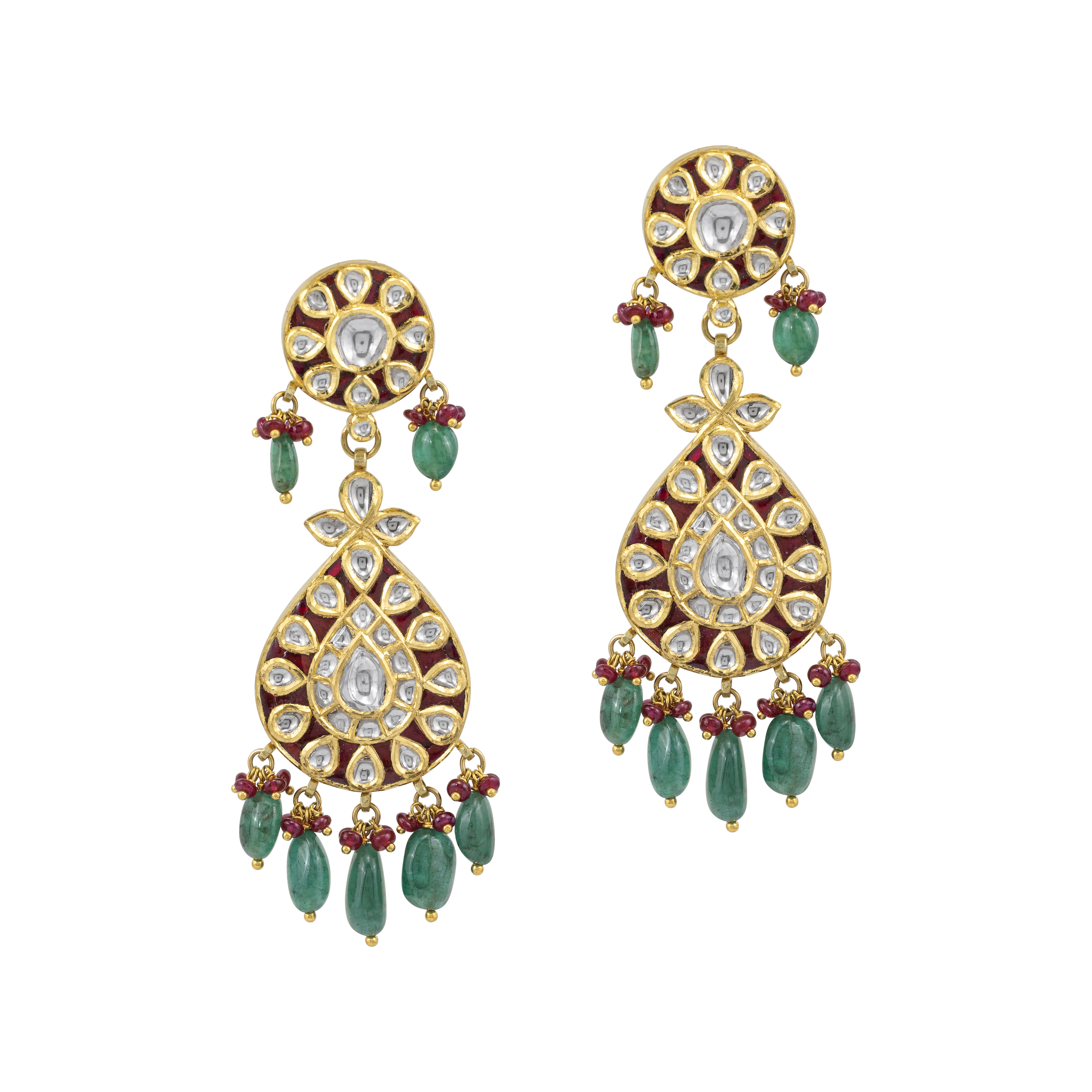 Teardrop Polki Earrings with Emerald Beads