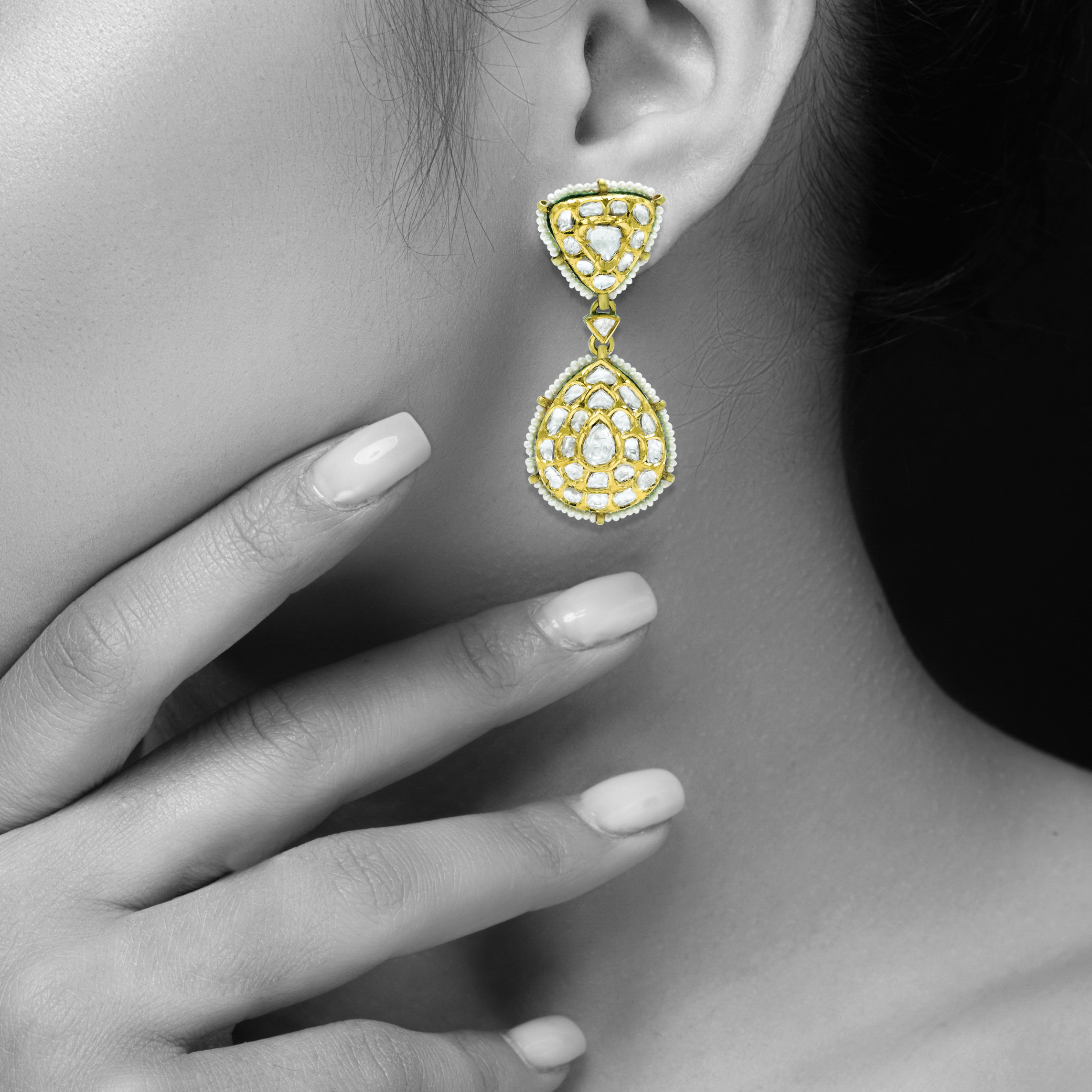 Polki Earrings with Triangular and Teardrop Motifs