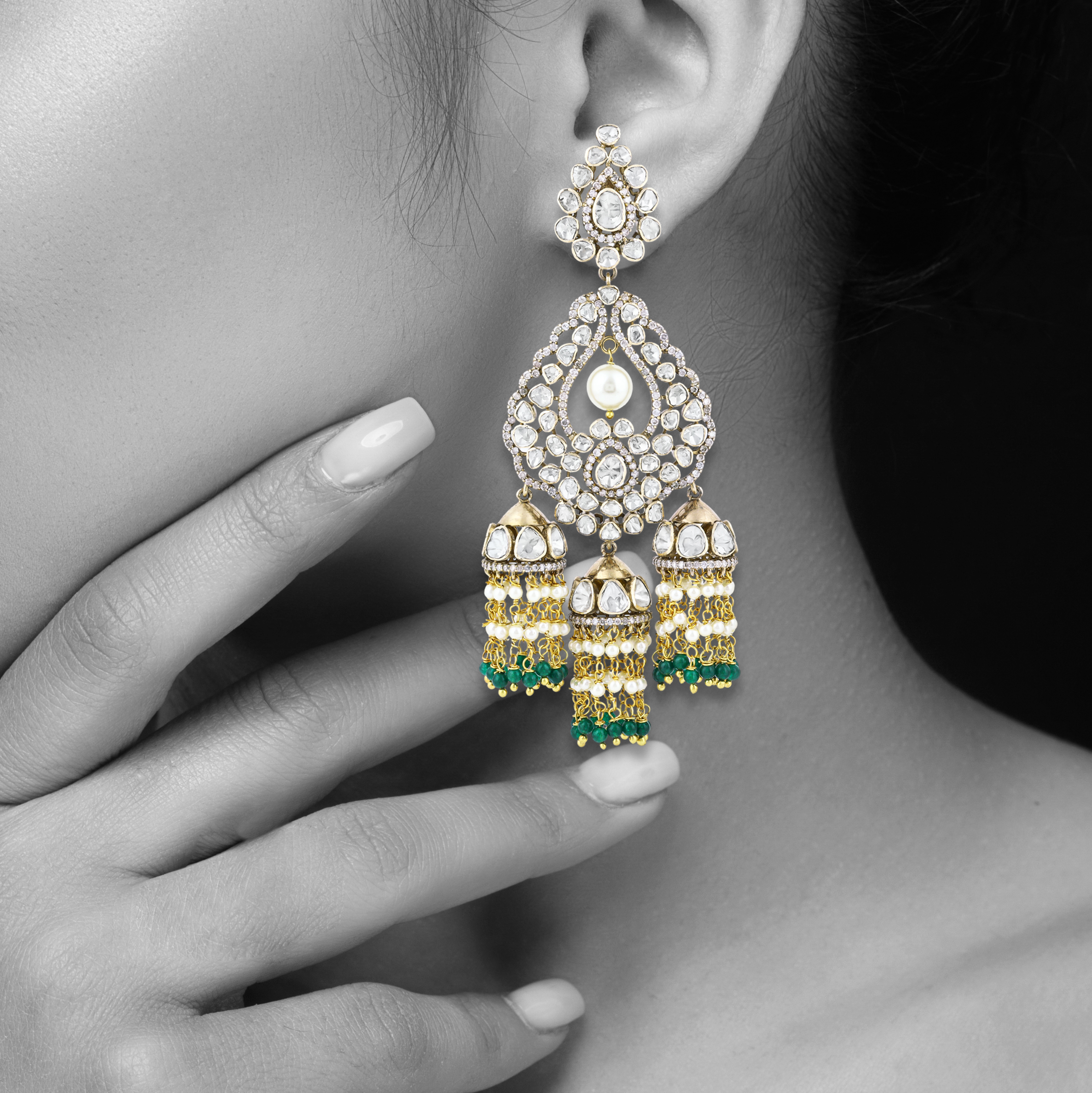 Polki Jhumki Earrings with Pearl Drop, Green Beads, and Diamonds