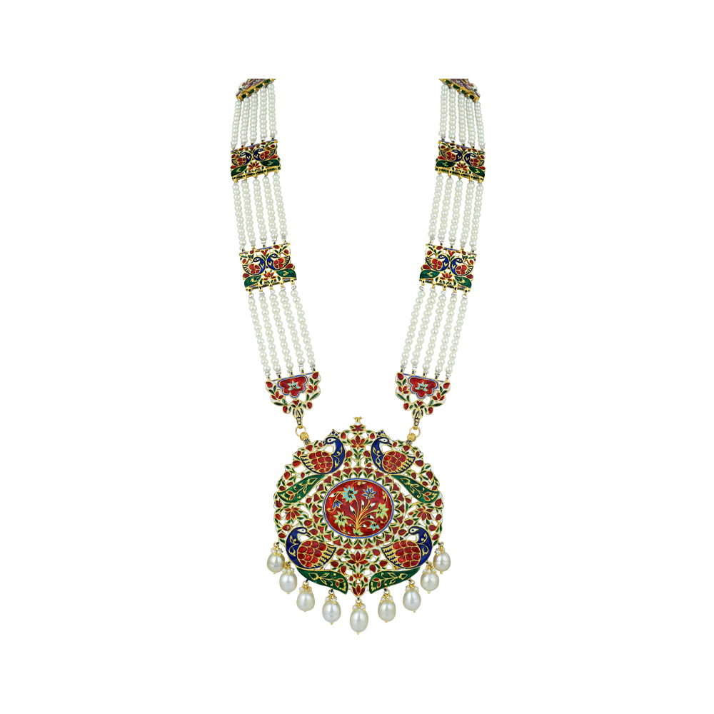 Peacock Pendant Necklace with Polki and Multi-Layered Pearls