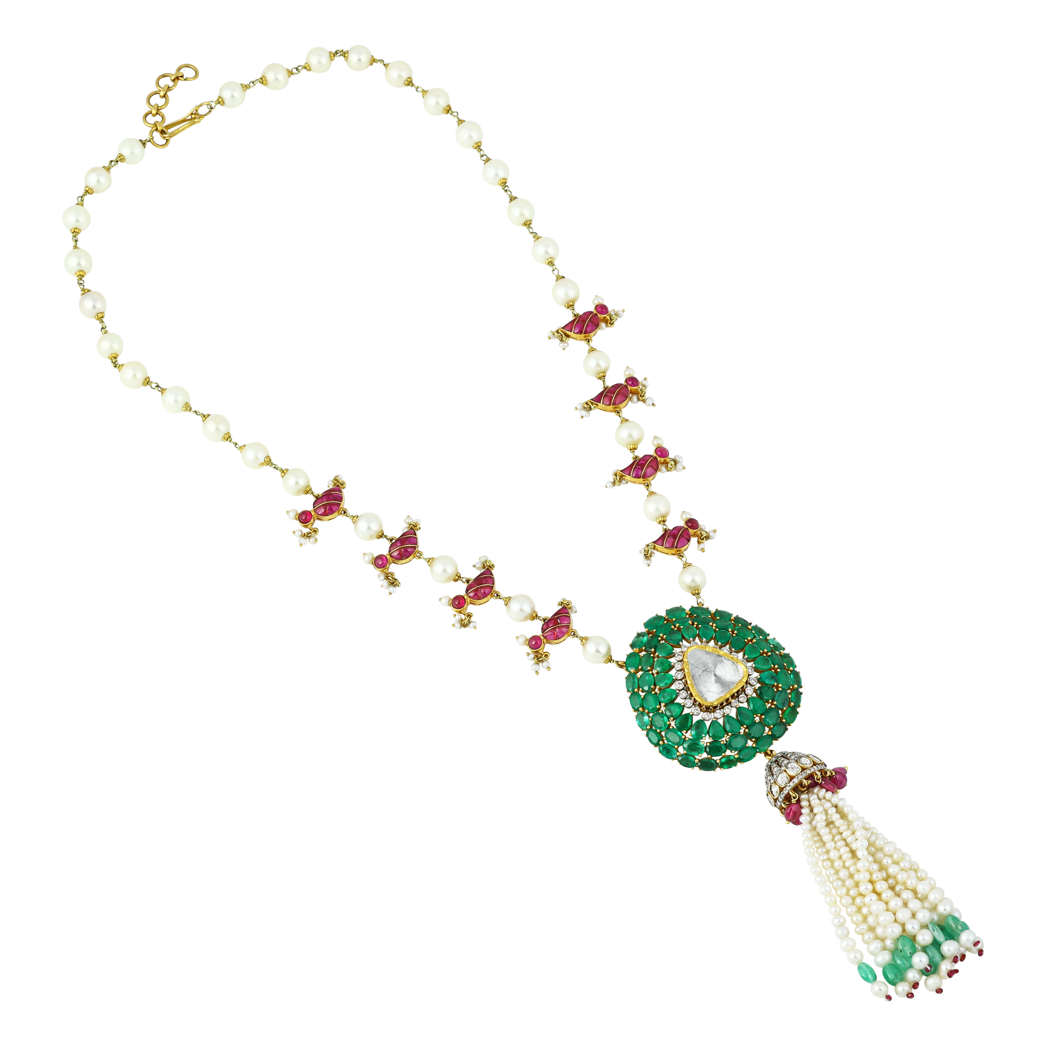 Emerald Polki Pendant with Ruby Motifs & Pearl-Emerald Tassels