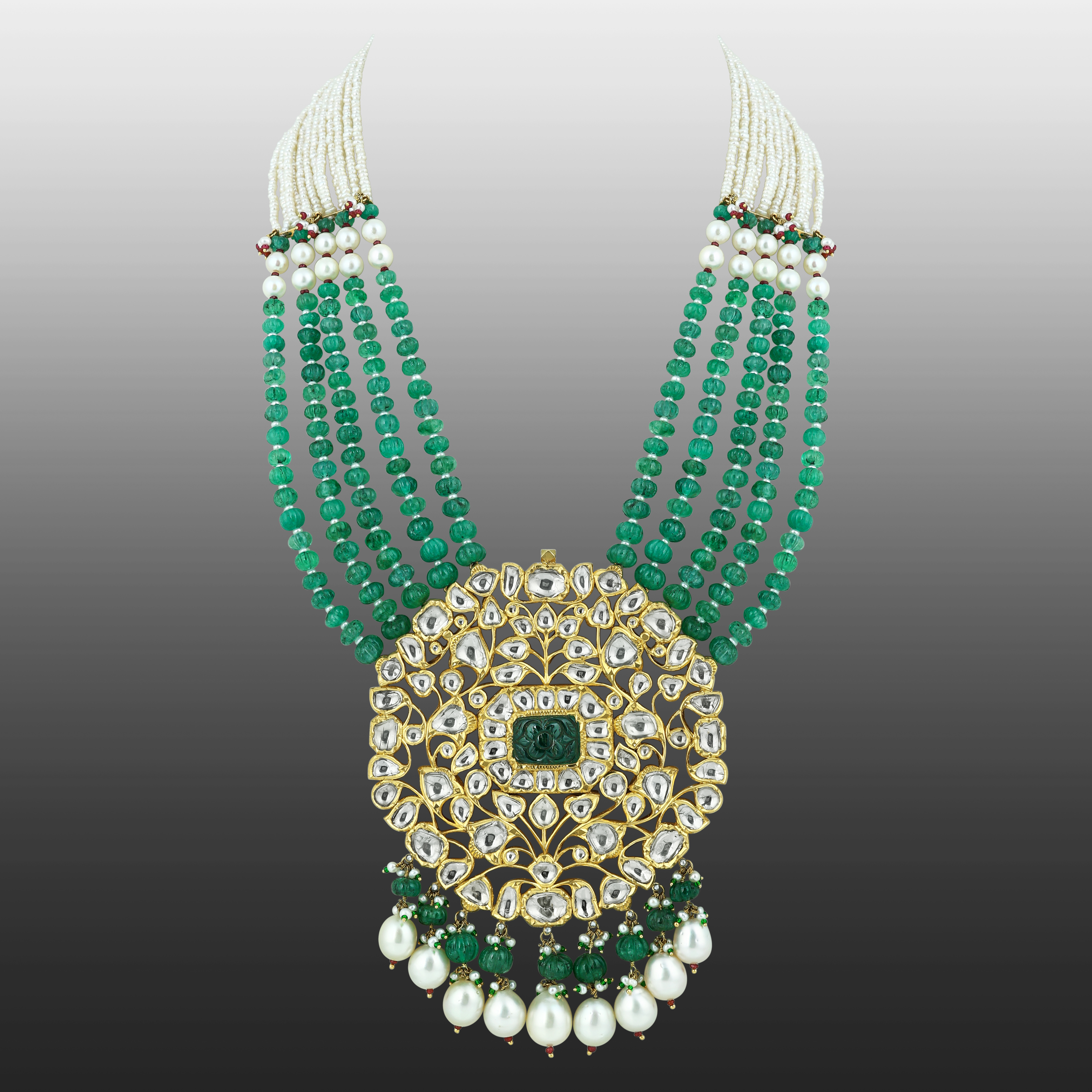 Emerald Melon Bead Necklace with Polki, Pearl Strands and Drops