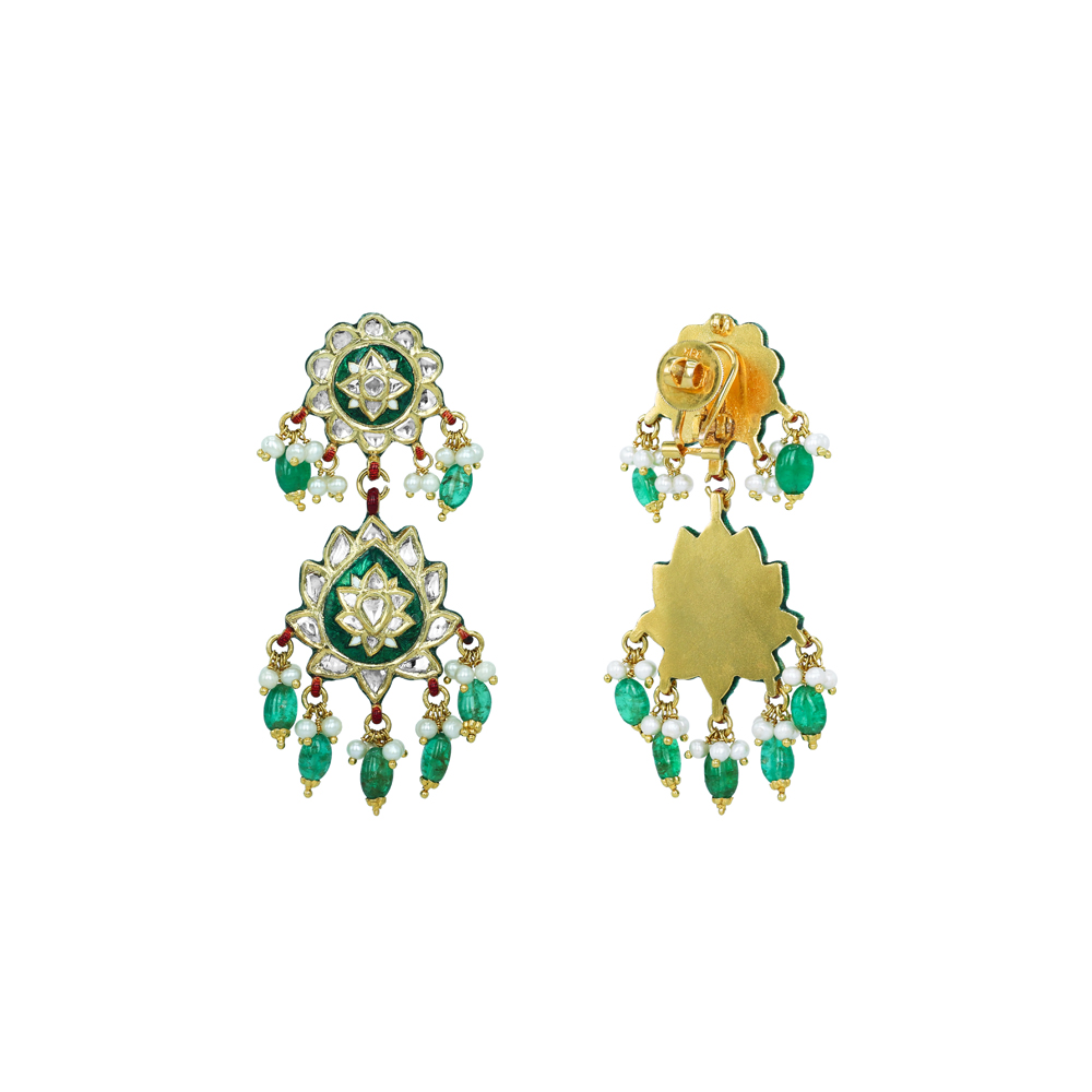 Polki Earrings with Emerald Drops and Green Enamel